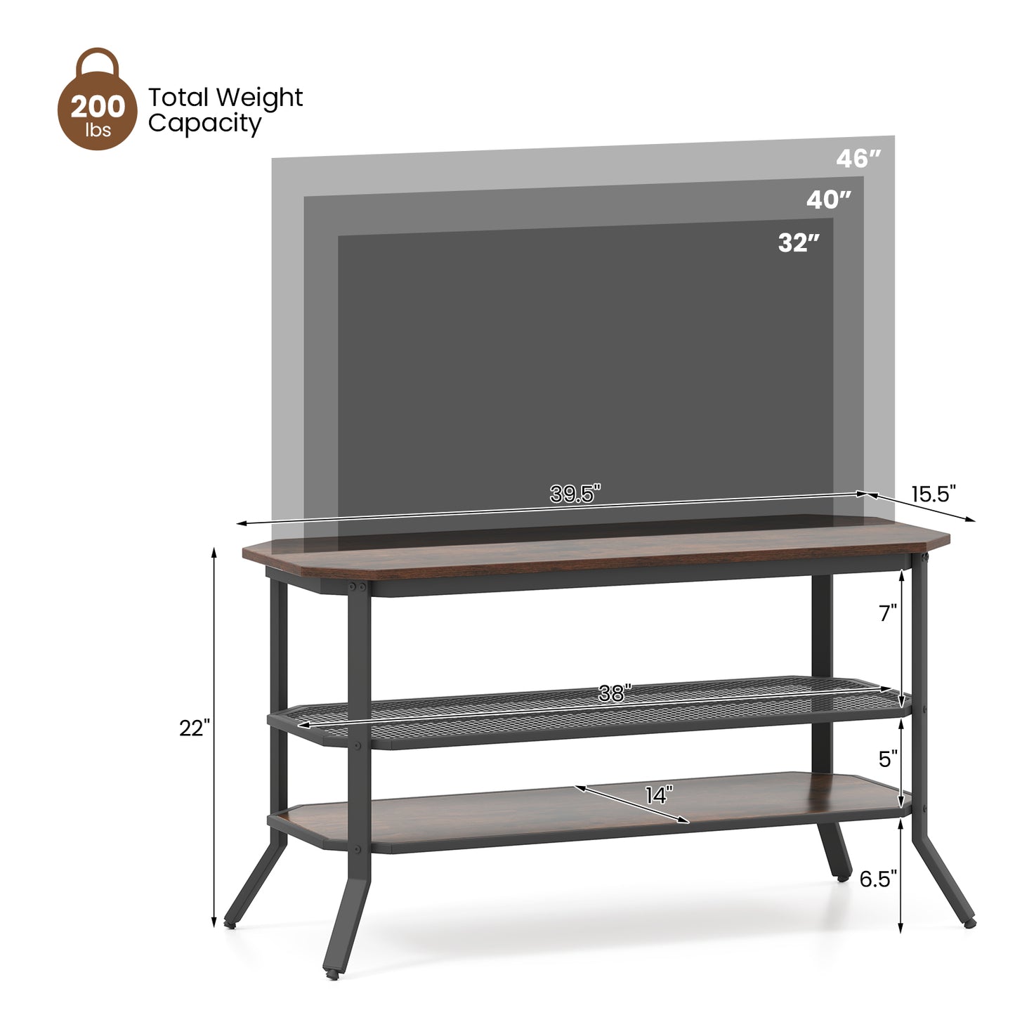 Rustic TV Stand with Metal Frame and Storage for TVs up to 46 Inches