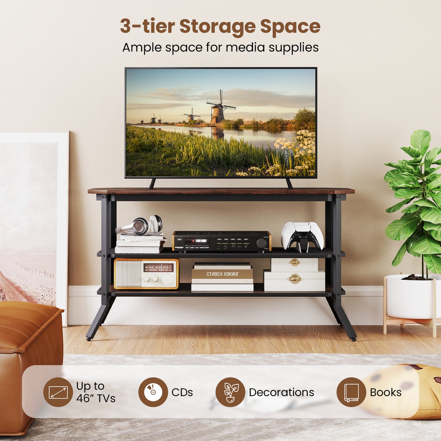 Rustic TV Stand with Metal Frame and Storage for TVs up to 46 Inches