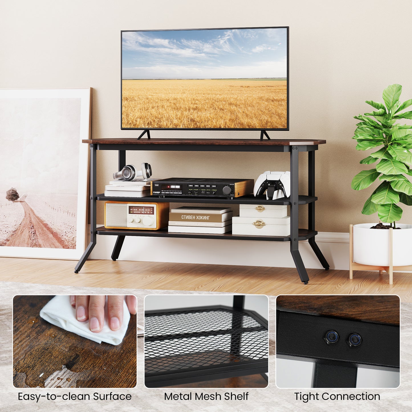 Rustic TV Stand with Metal Frame and Storage for TVs up to 46 Inches