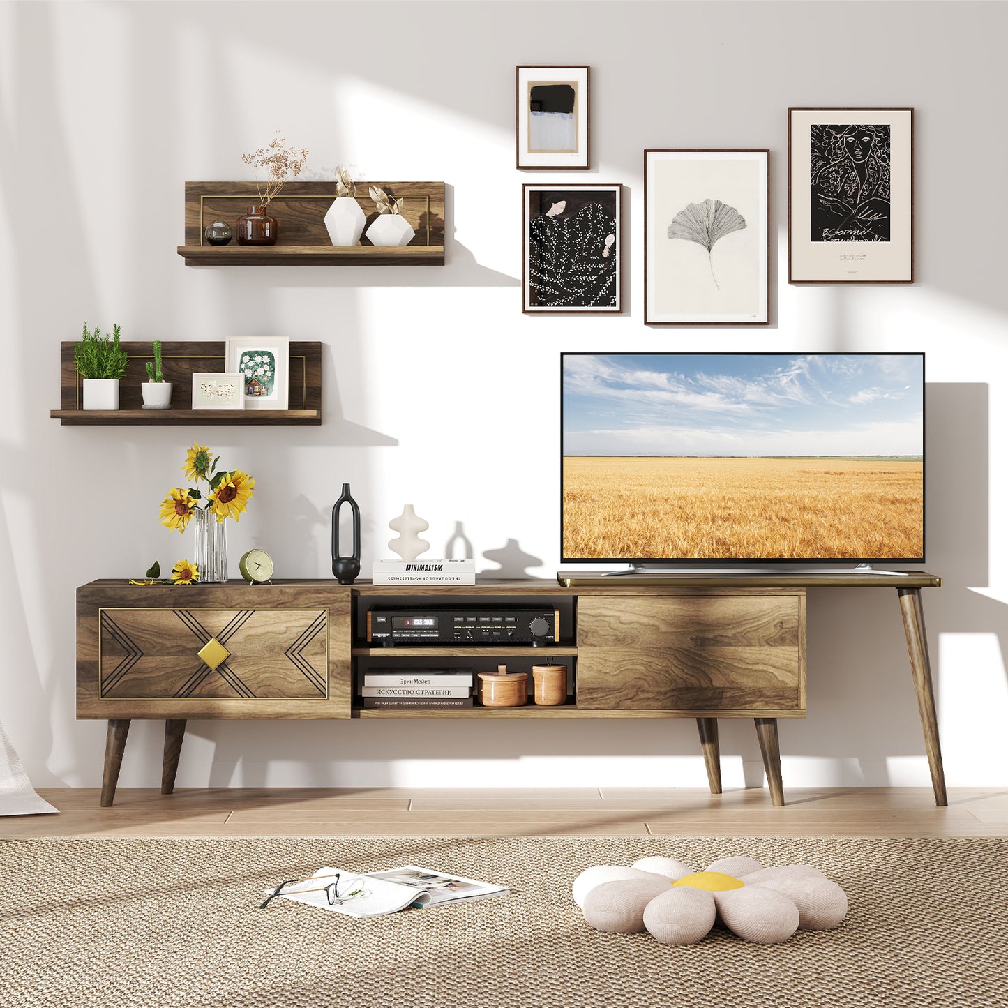 Mid-Century Walnut TV Stand with Storage Cabinets and Floating Shelves for TVs up to 85 Inches