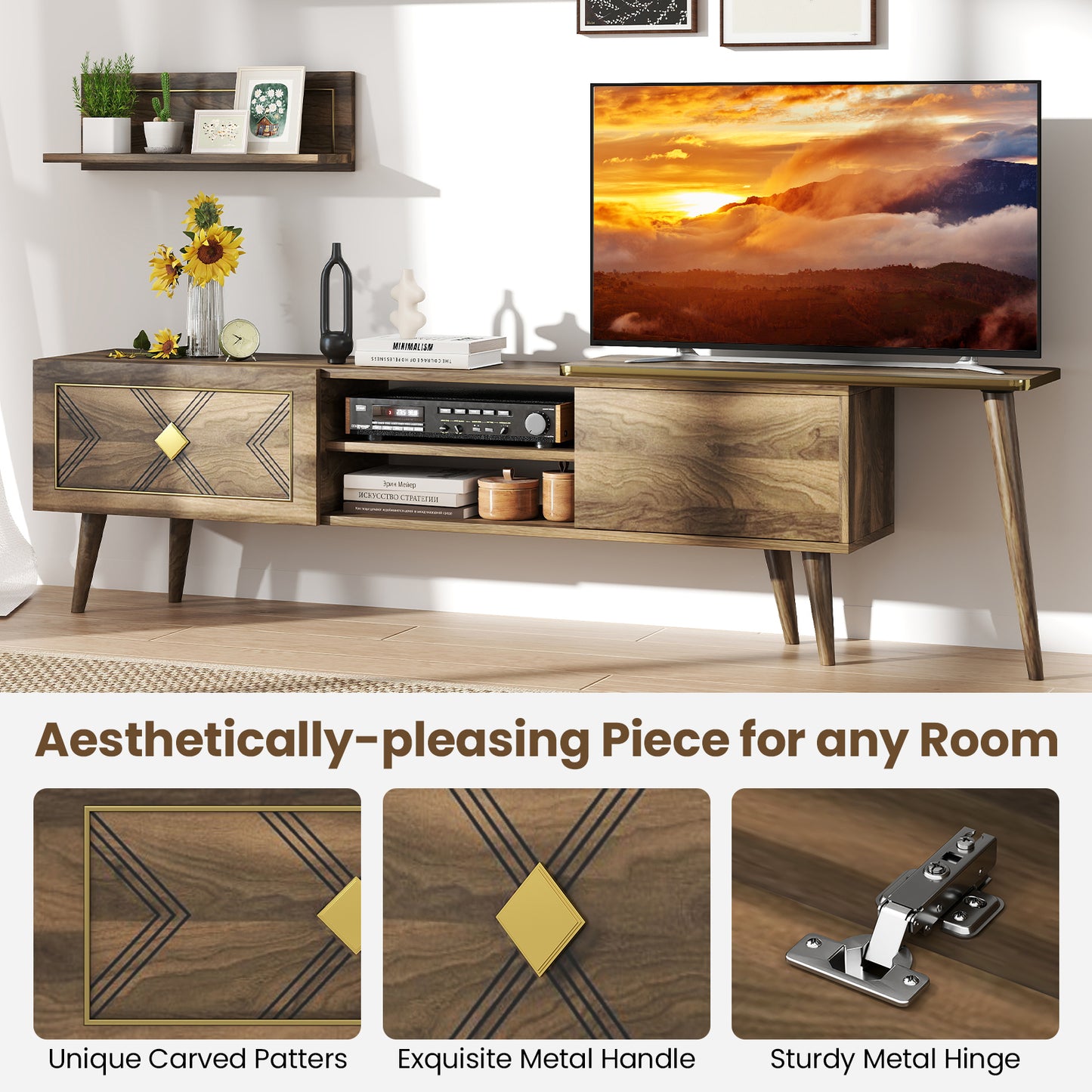 Mid-Century Walnut TV Stand with Storage Cabinets and Floating Shelves for TVs up to 85 Inches