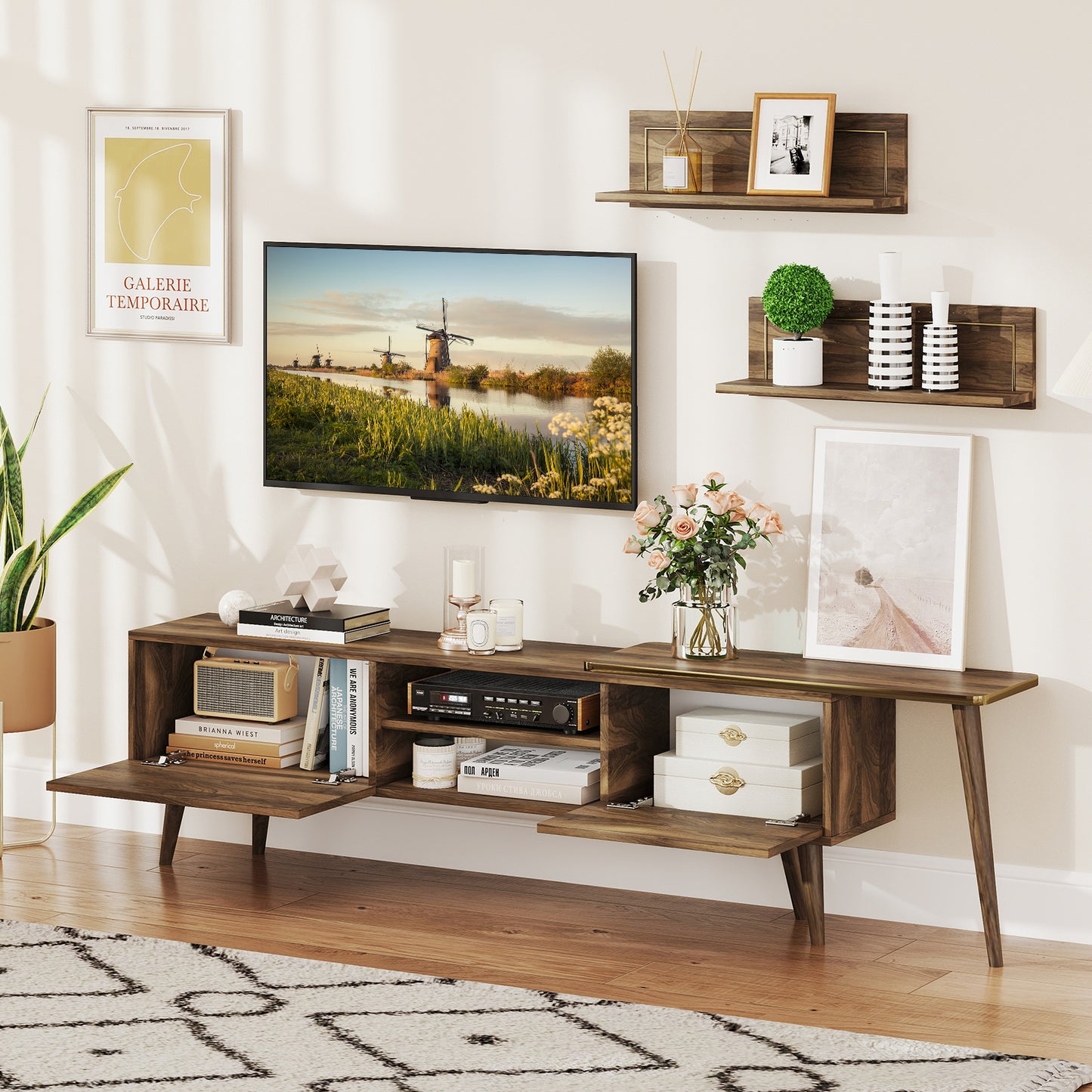 Mid-Century Walnut TV Stand with Storage Cabinets and Floating Shelves for TVs up to 85 Inches