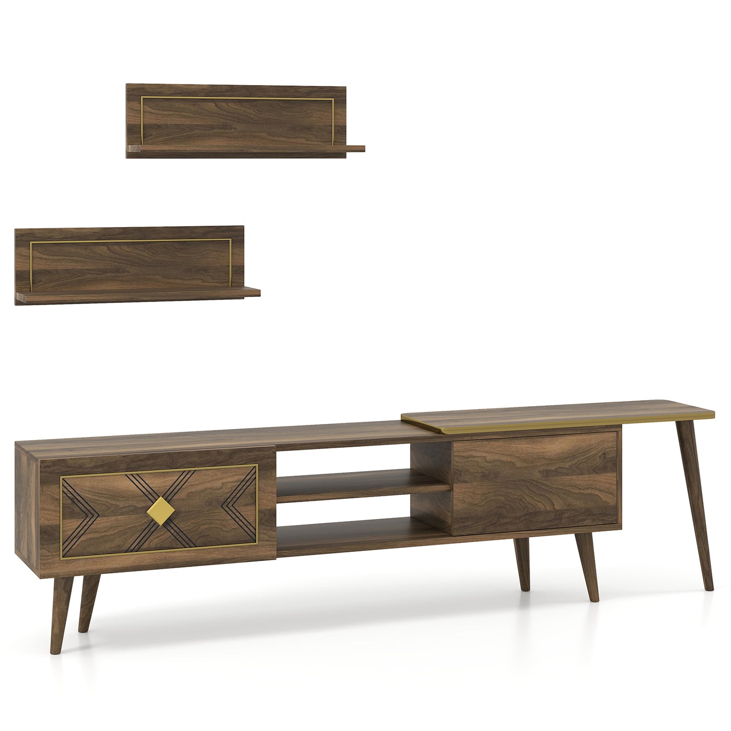 Mid-Century Walnut TV Stand with Storage Cabinets and Floating Shelves for TVs up to 85 Inches