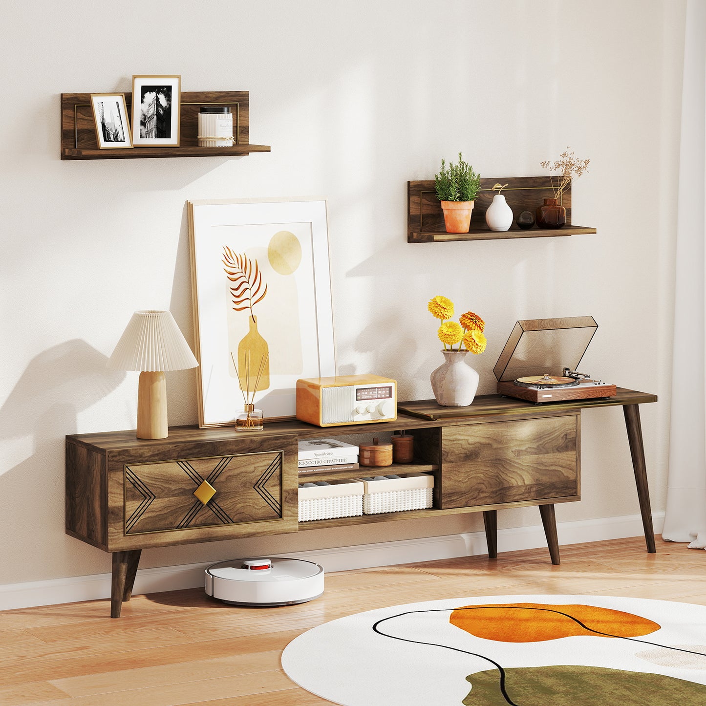 Mid-Century Walnut TV Stand with Storage Cabinets and Floating Shelves for TVs up to 85 Inches