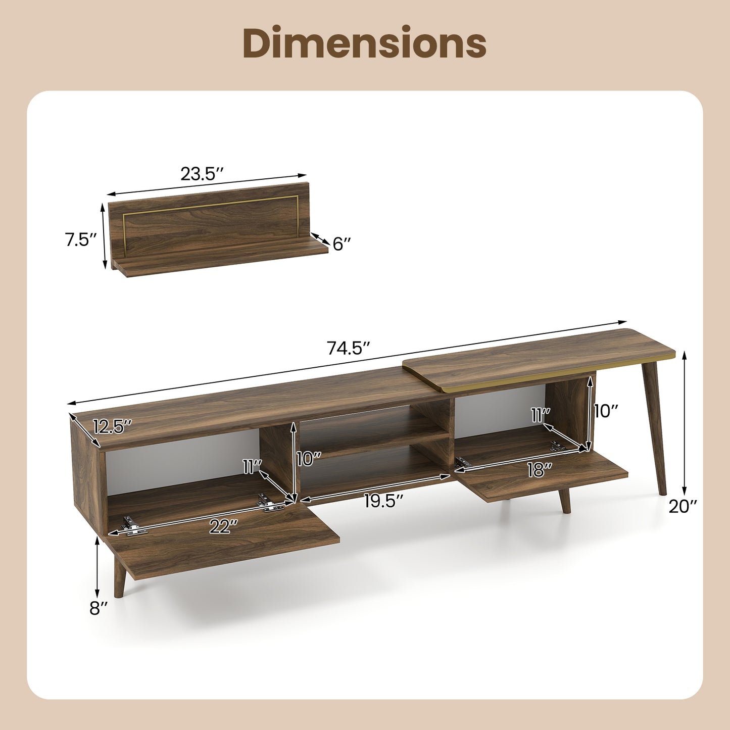 Mid-Century Walnut TV Stand with Storage Cabinets and Floating Shelves for TVs up to 85 Inches