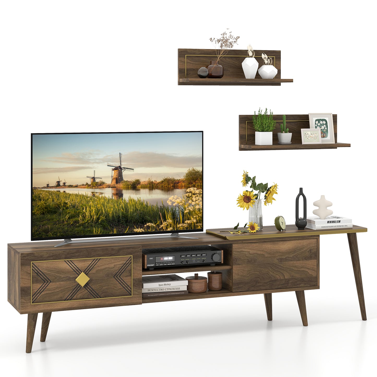 Mid-Century Walnut TV Stand with Storage Cabinets and Floating Shelves for TVs up to 85 Inches