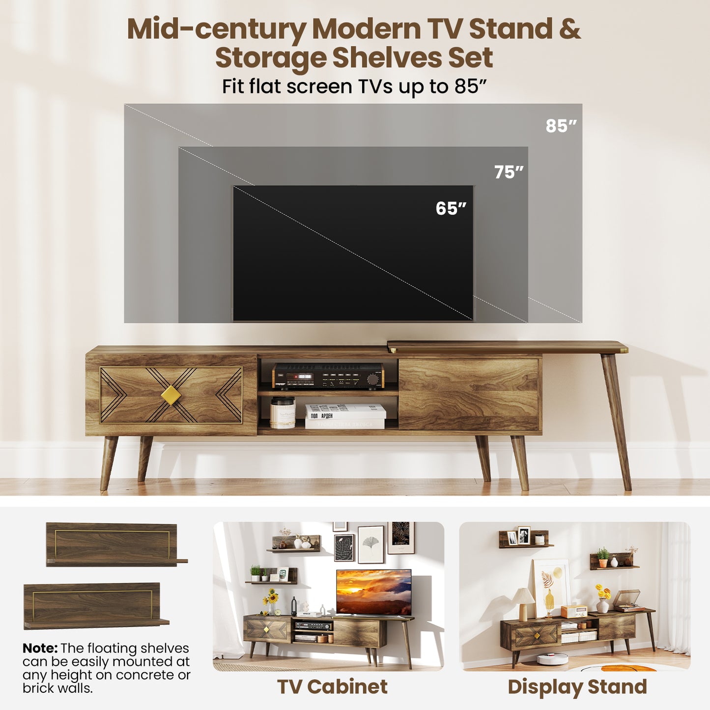 Mid-Century Walnut TV Stand with Storage Cabinets and Floating Shelves for TVs up to 85 Inches