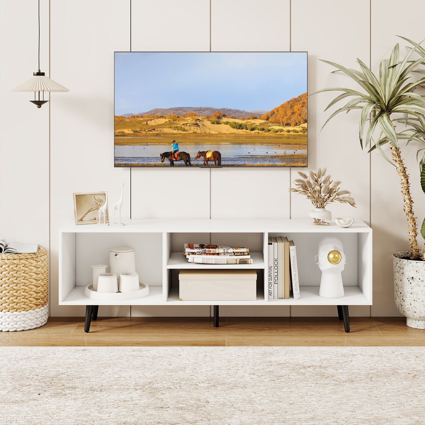 Contemporary 47.5 Inch Media Console with Open Storage and Metal Legs for TVs up to 55 Inches, White