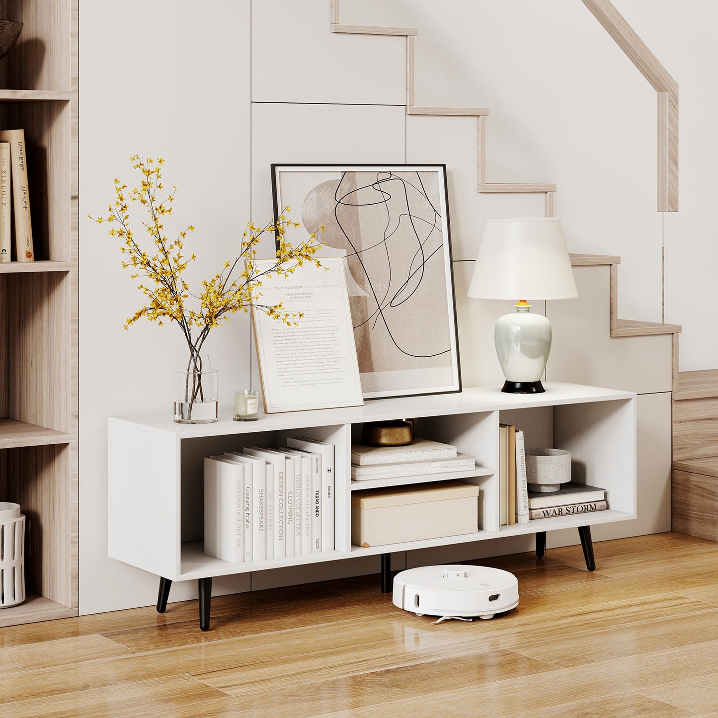 Contemporary 47.5 Inch Media Console with Open Storage and Metal Legs for TVs up to 55 Inches, White