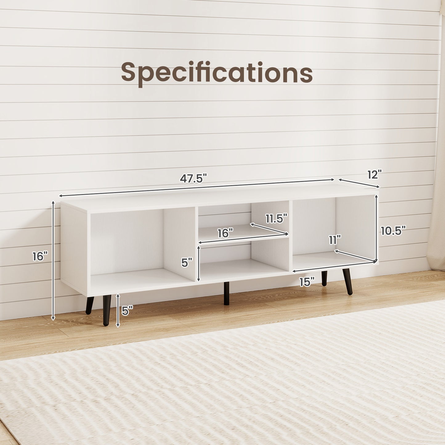 Contemporary 47.5 Inch Media Console with Open Storage and Metal Legs for TVs up to 55 Inches, White