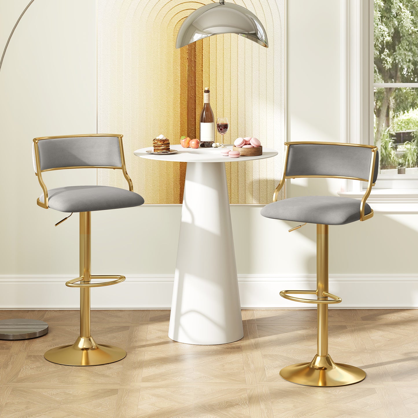 Velvet Swivel Bar Stools with Adjustable Height and Gold Base Pair for Kitchen Island or Home Bar