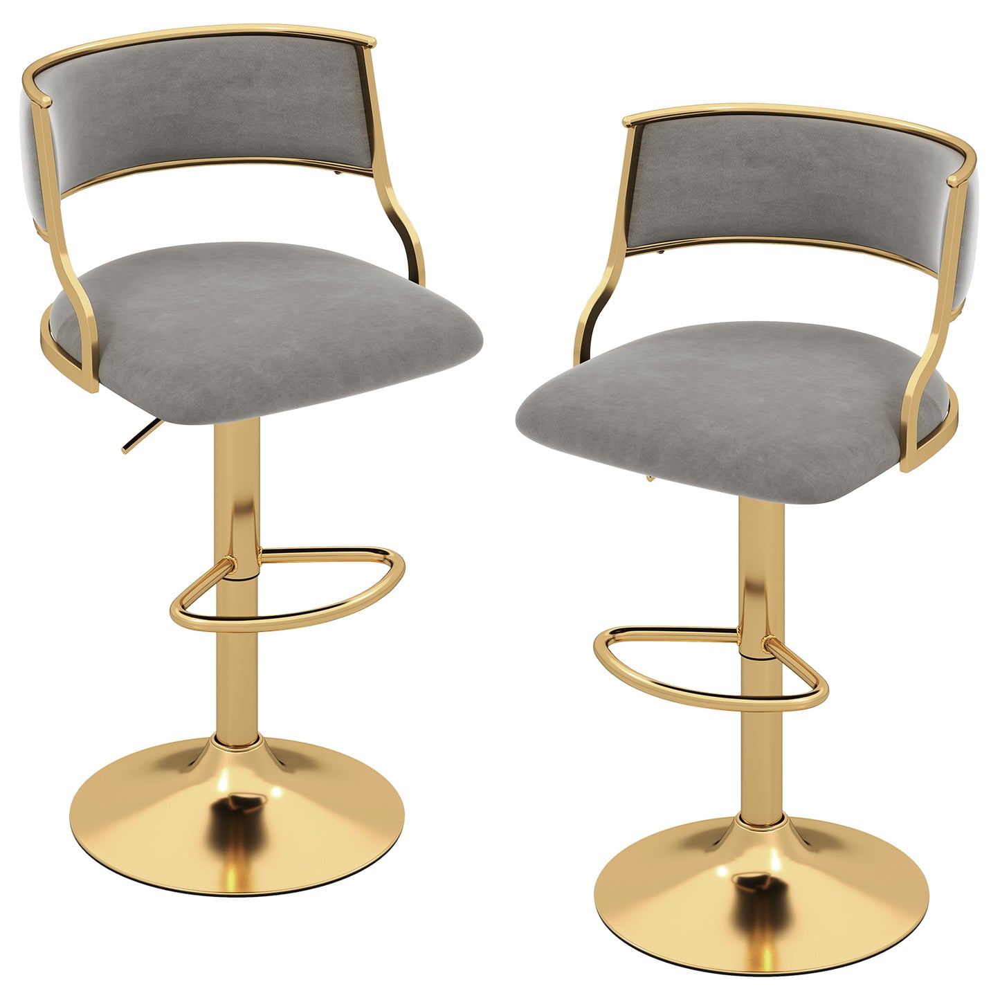 Velvet Swivel Bar Stools with Adjustable Height and Gold Base Pair for Kitchen Island or Home Bar