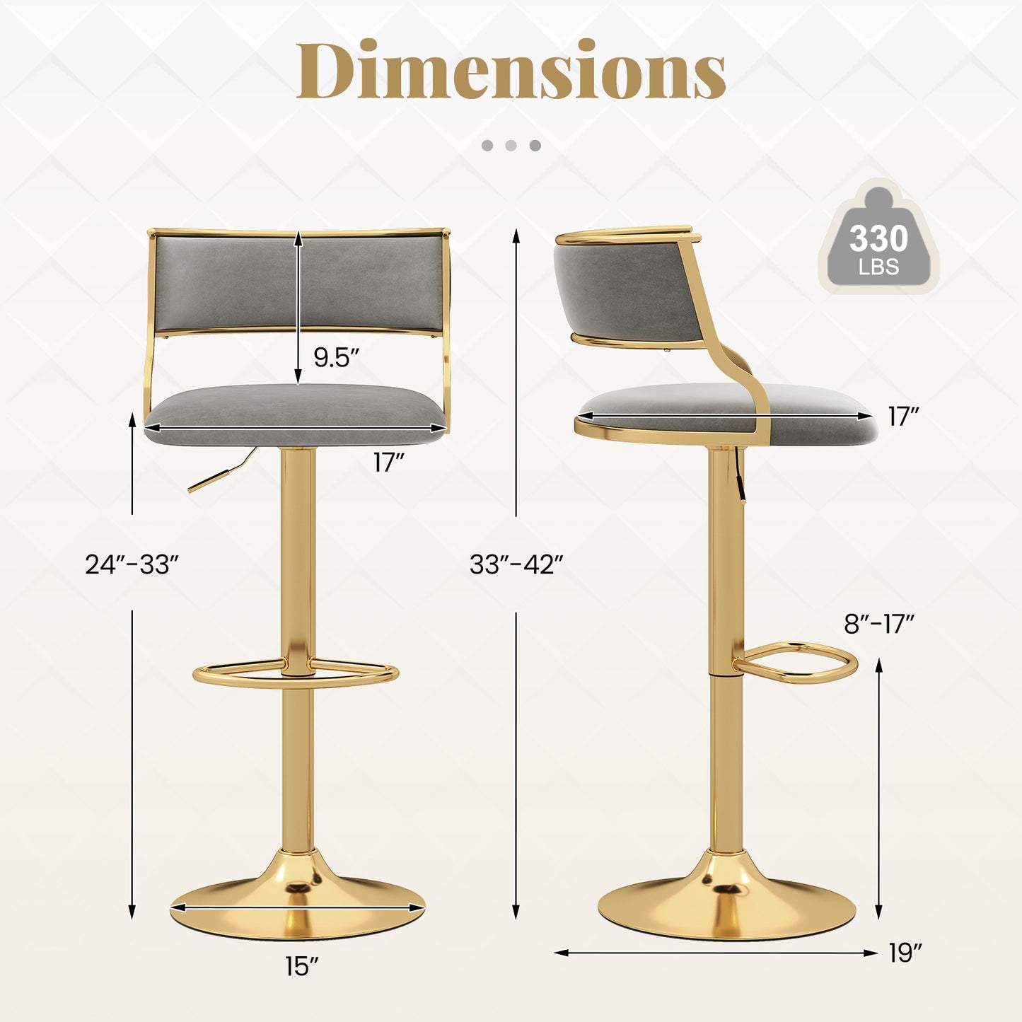 Velvet Swivel Bar Stools with Adjustable Height and Gold Base Pair for Kitchen Island or Home Bar