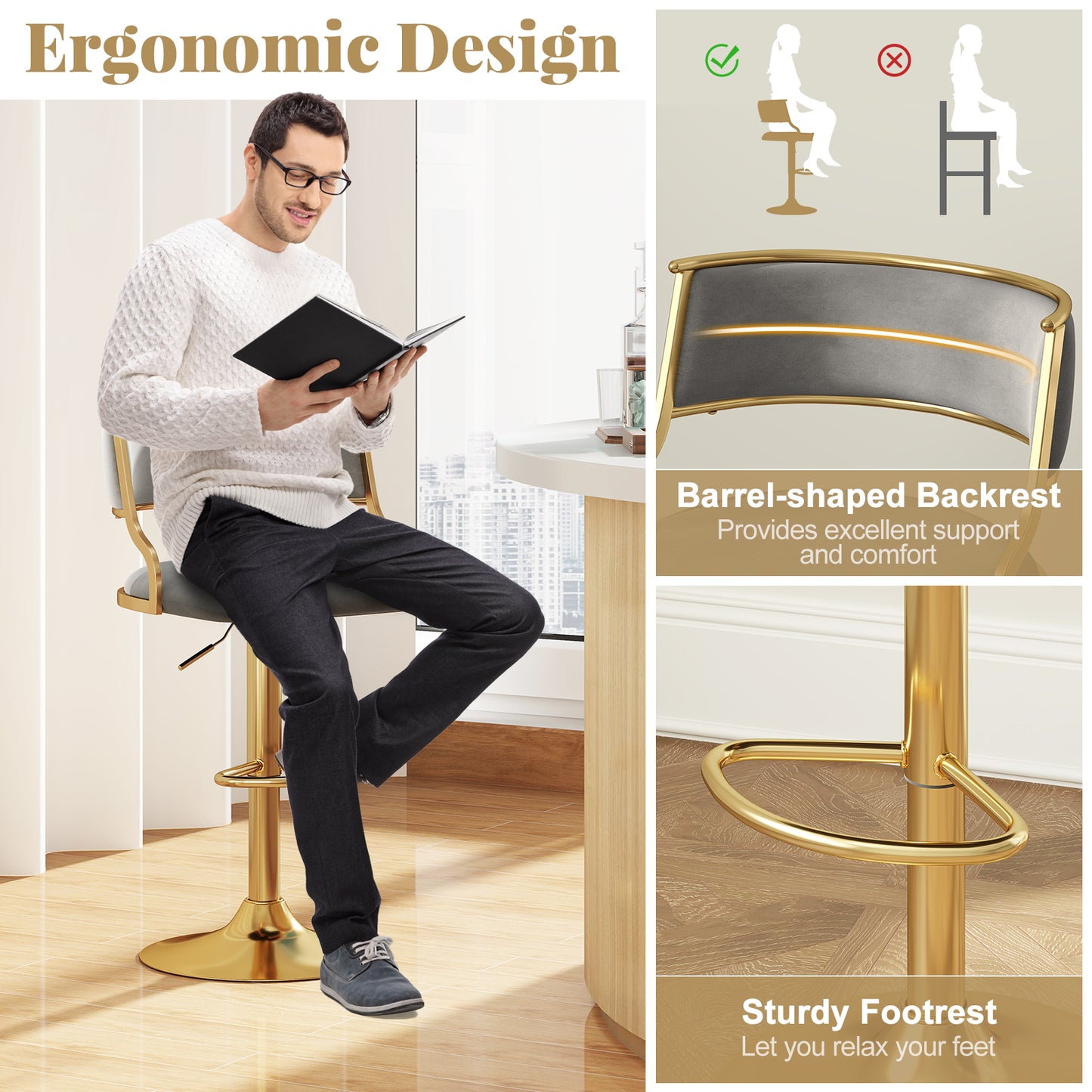 Velvet Swivel Bar Stools with Adjustable Height and Gold Base Pair for Kitchen Island or Home Bar