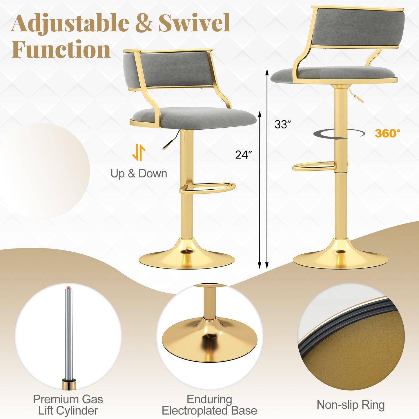 Velvet Swivel Bar Stools with Adjustable Height and Gold Base Pair for Kitchen Island or Home Bar