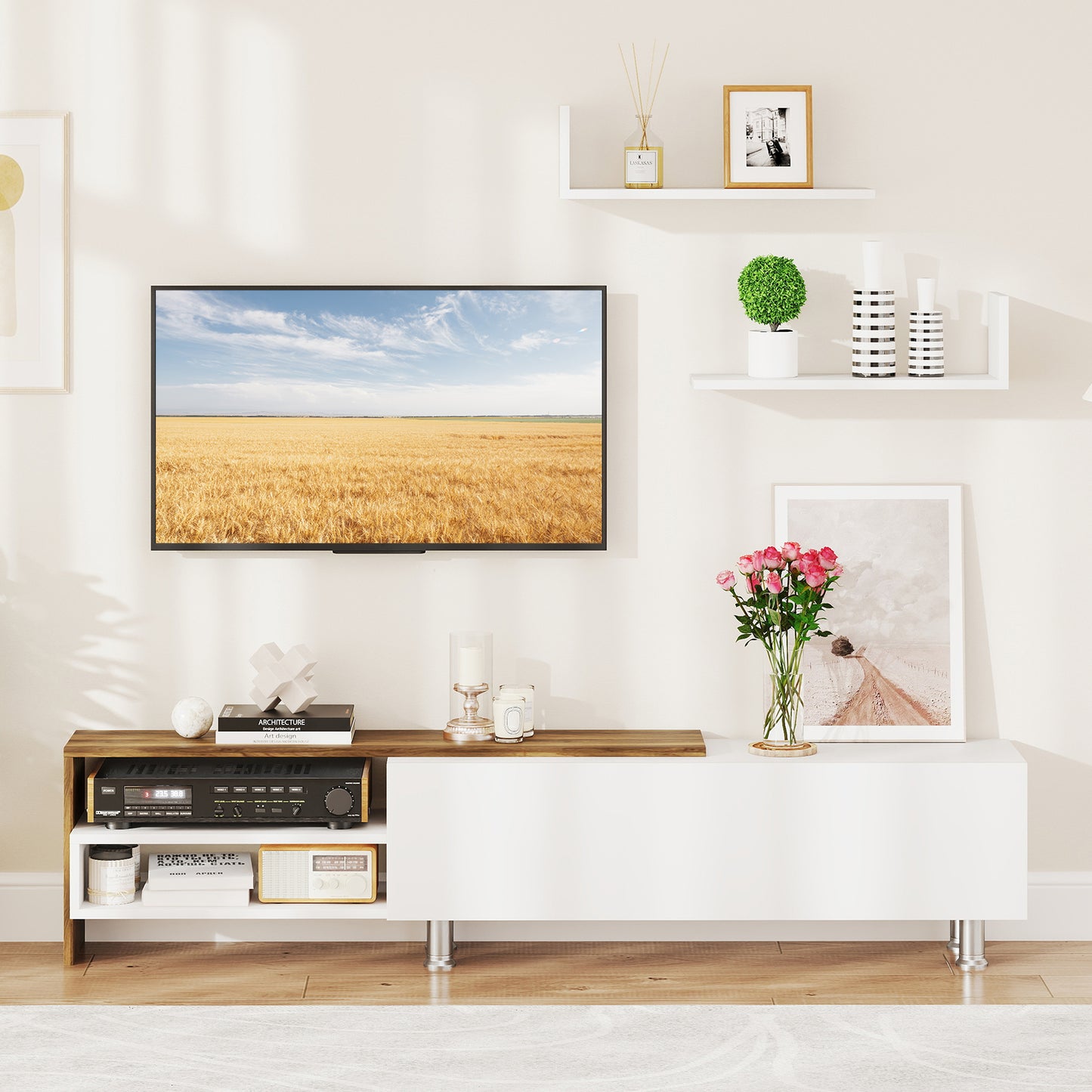 3 Piece TV Console Set with Cabinets and Floating Shelves for TVs up to 80 Inches
