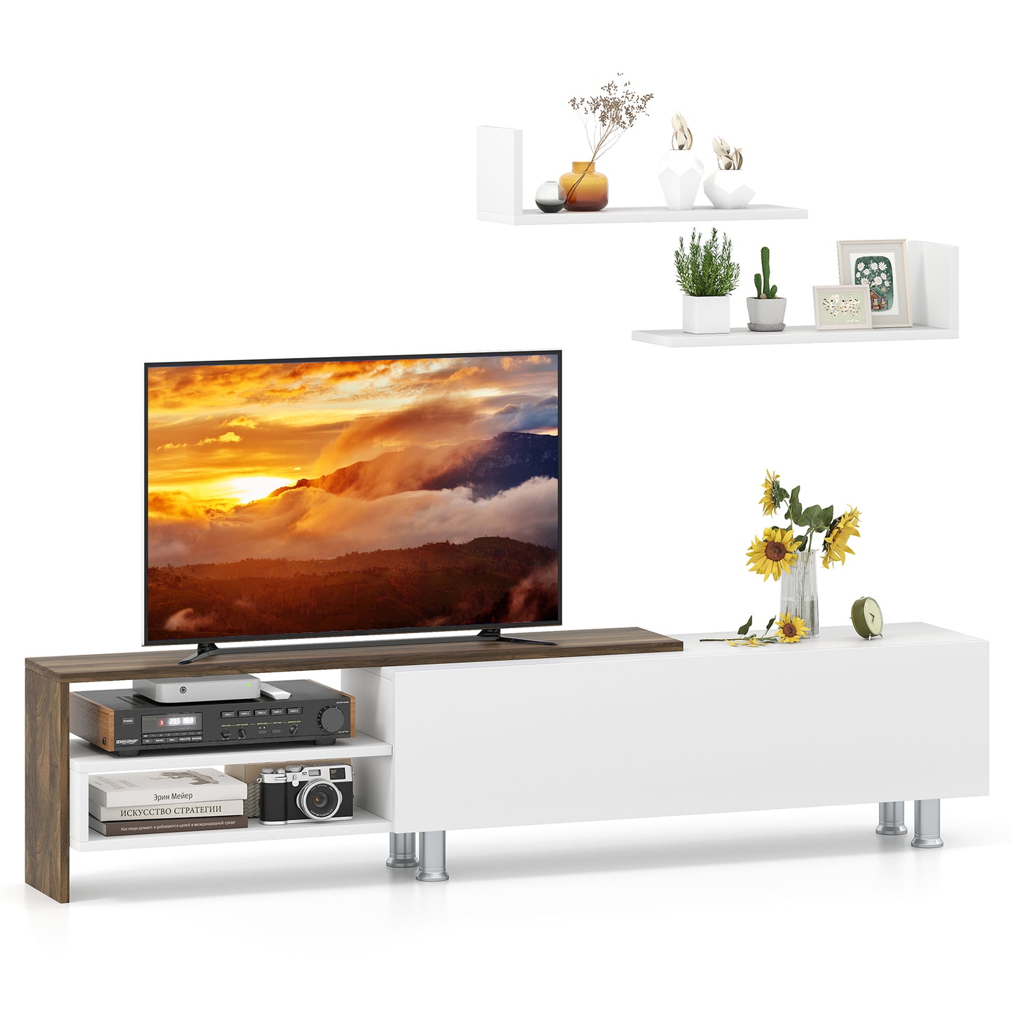 3 Piece TV Console Set with Cabinets and Floating Shelves for TVs up to 80 Inches