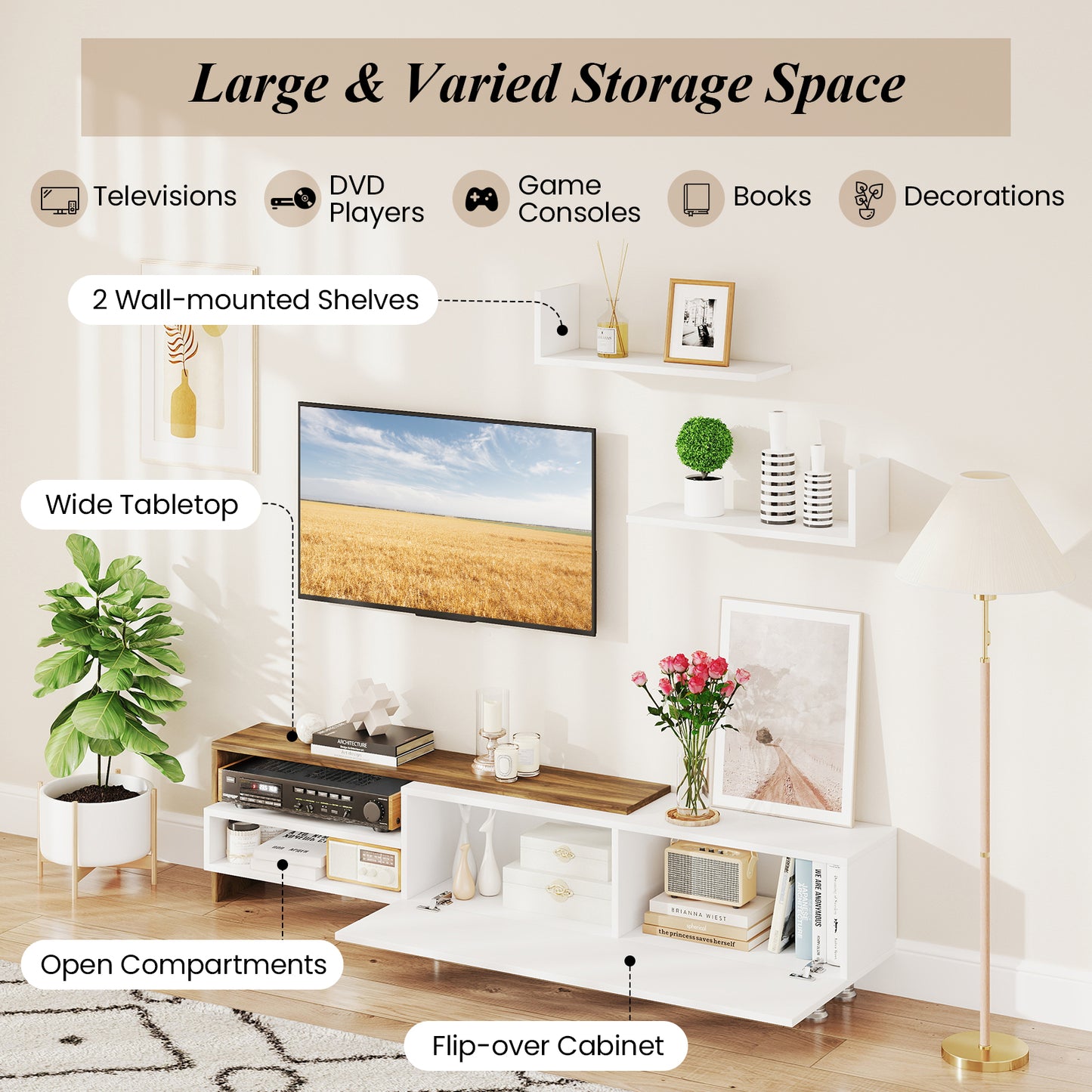 3 Piece TV Console Set with Cabinets and Floating Shelves for TVs up to 80 Inches