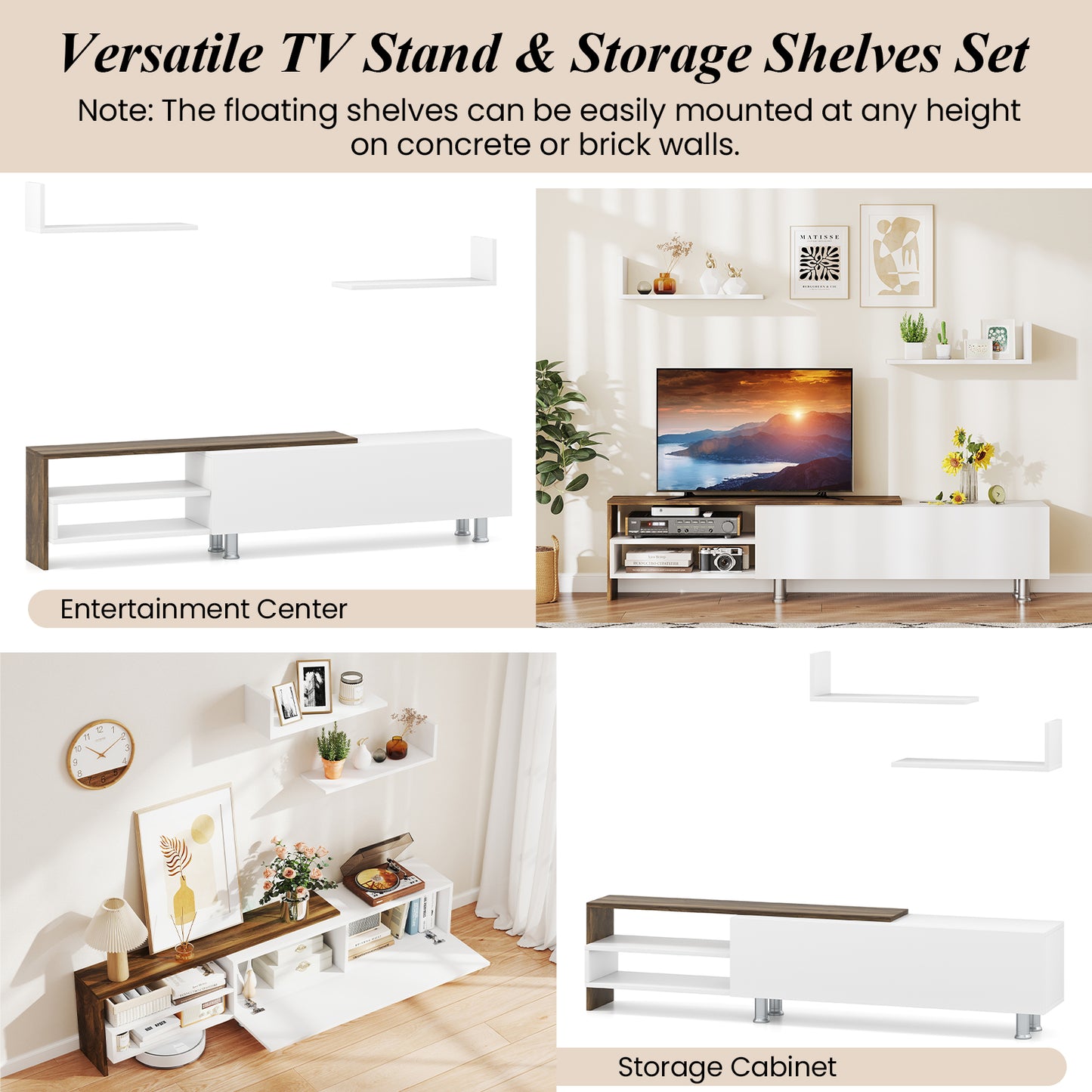 3 Piece TV Console Set with Cabinets and Floating Shelves for TVs up to 80 Inches