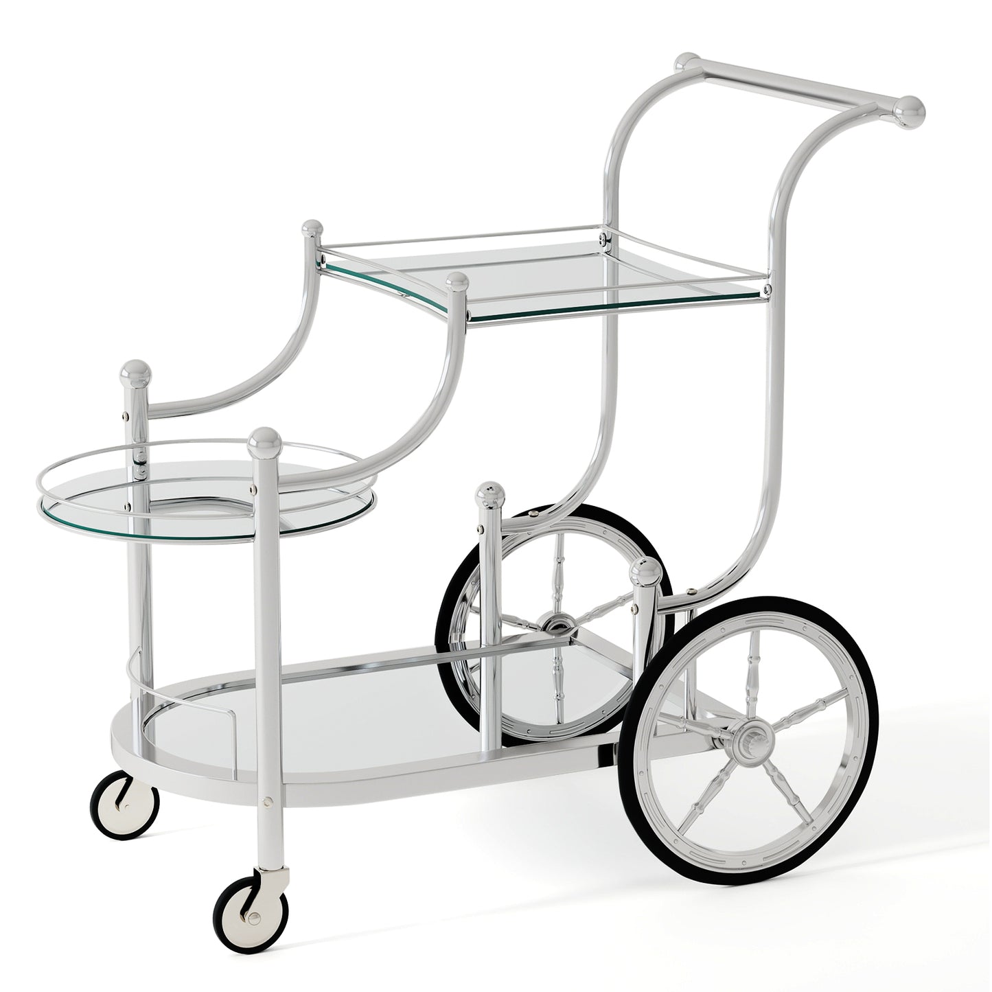 Elegant Bar Cart with Mirrored Glass Shelves Three Tier Rolling Serving Cart - Silver