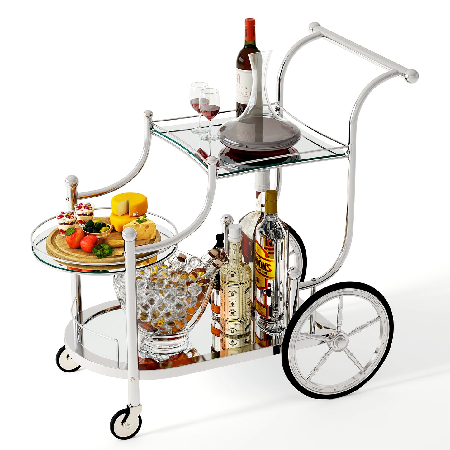 Elegant Bar Cart with Mirrored Glass Shelves Three Tier Rolling Serving Cart - Silver