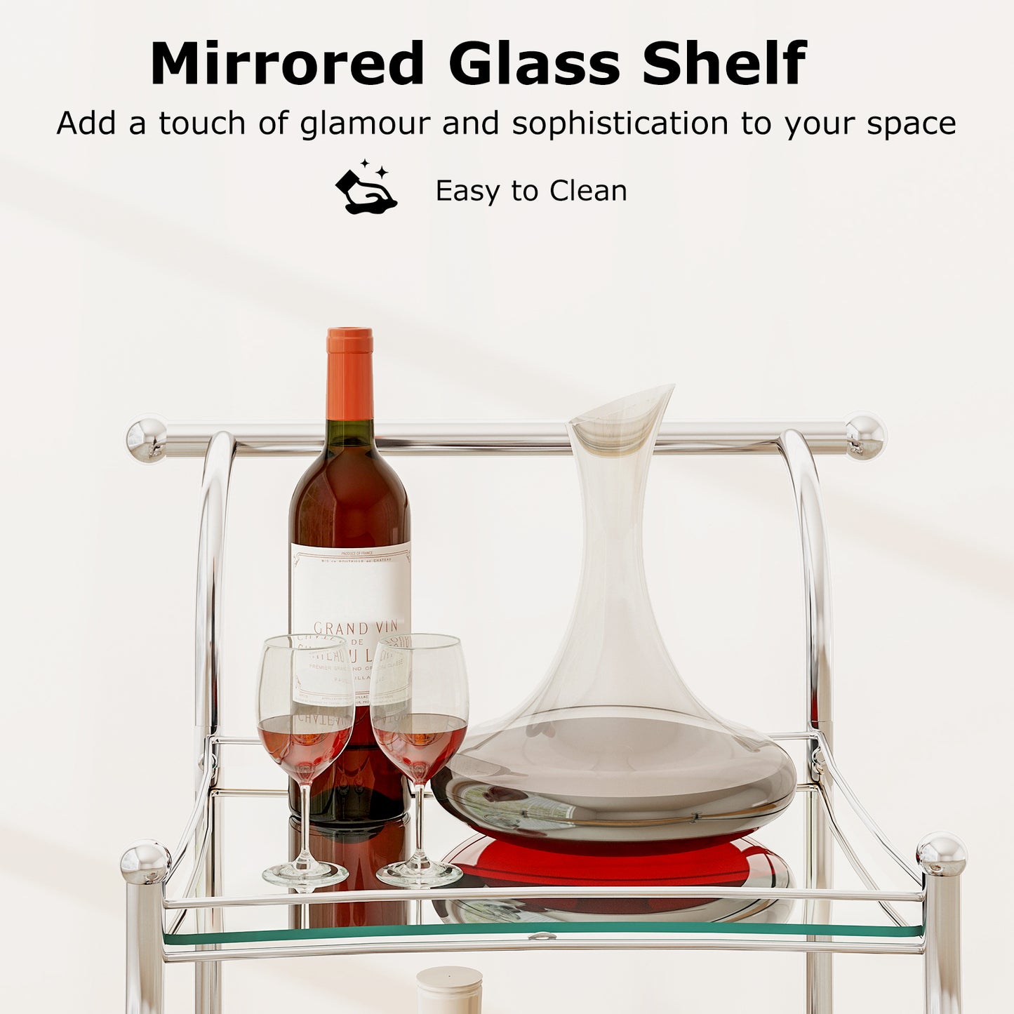 Elegant Bar Cart with Mirrored Glass Shelves Three Tier Rolling Serving Cart - Silver