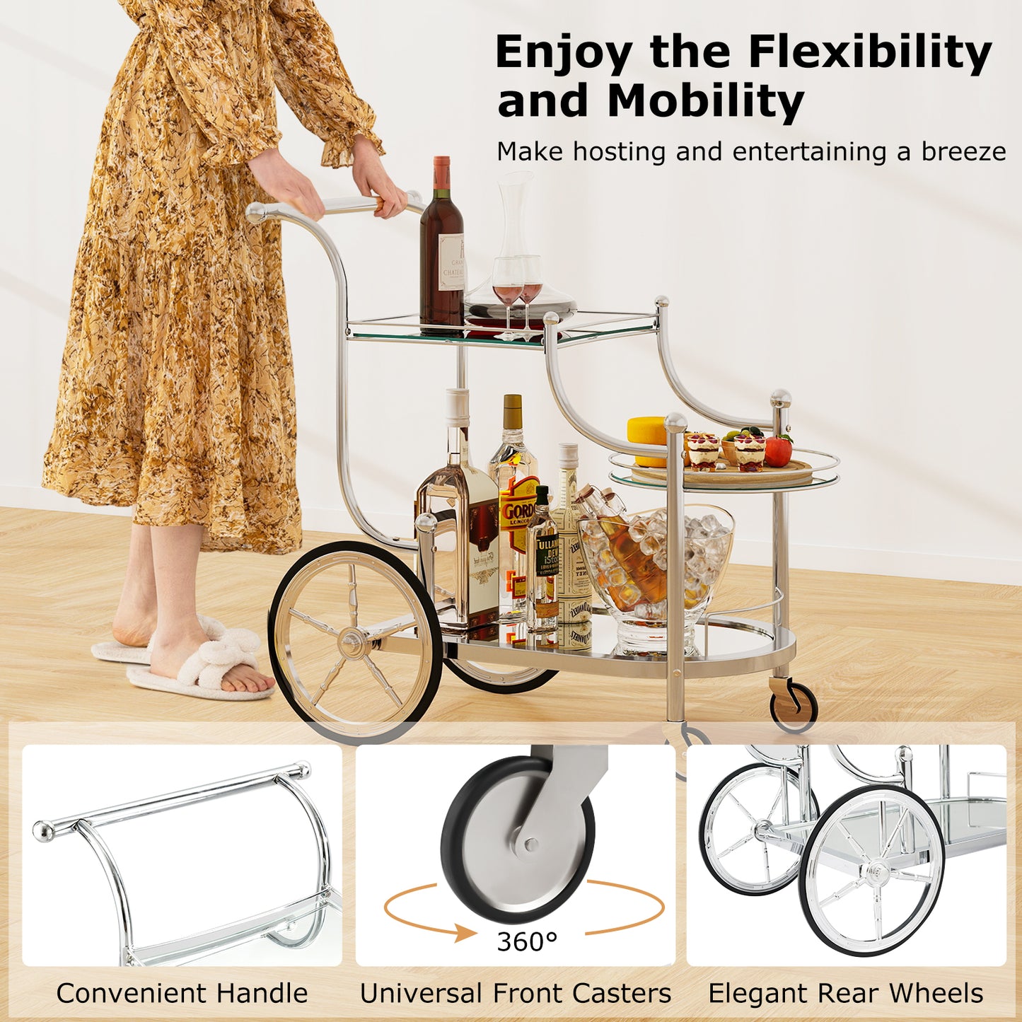 Elegant Bar Cart with Mirrored Glass Shelves Three Tier Rolling Serving Cart - Silver