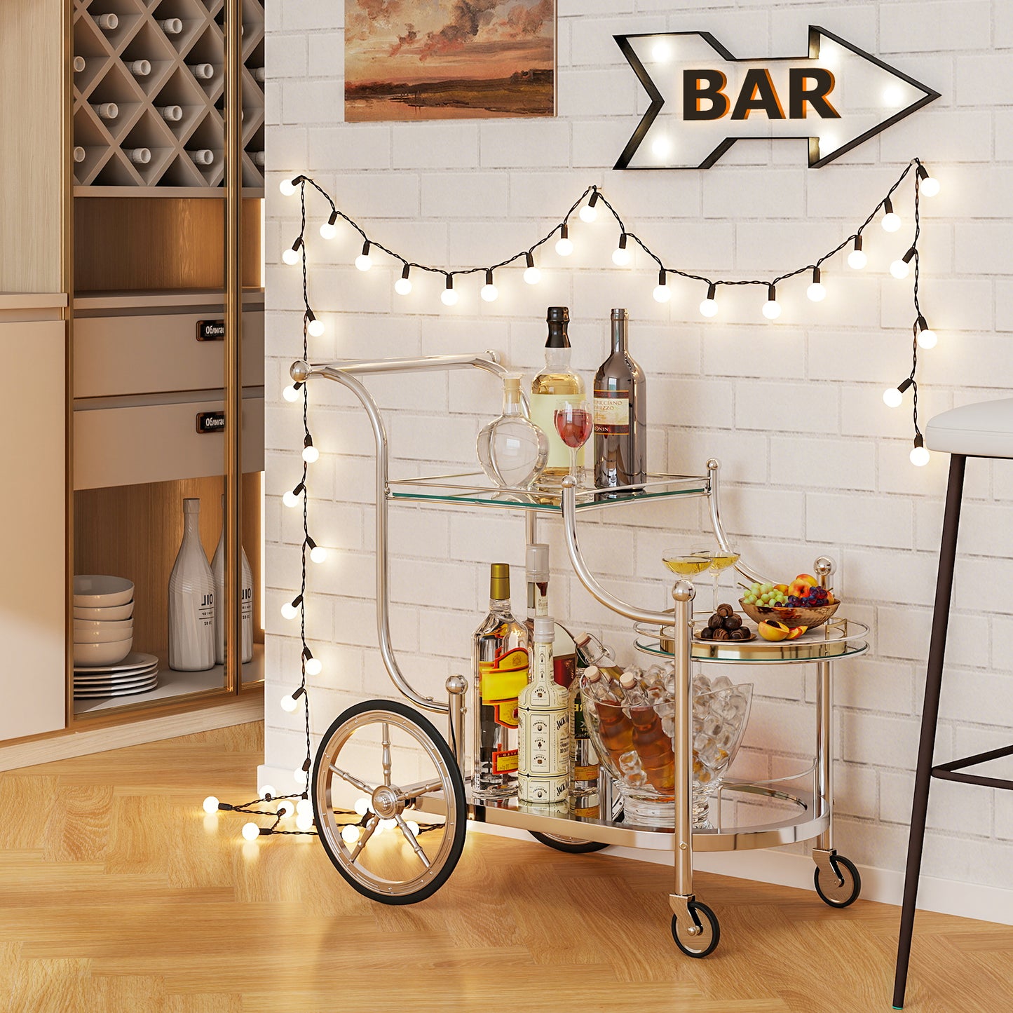 Elegant Bar Cart with Mirrored Glass Shelves Three Tier Rolling Serving Cart - Silver