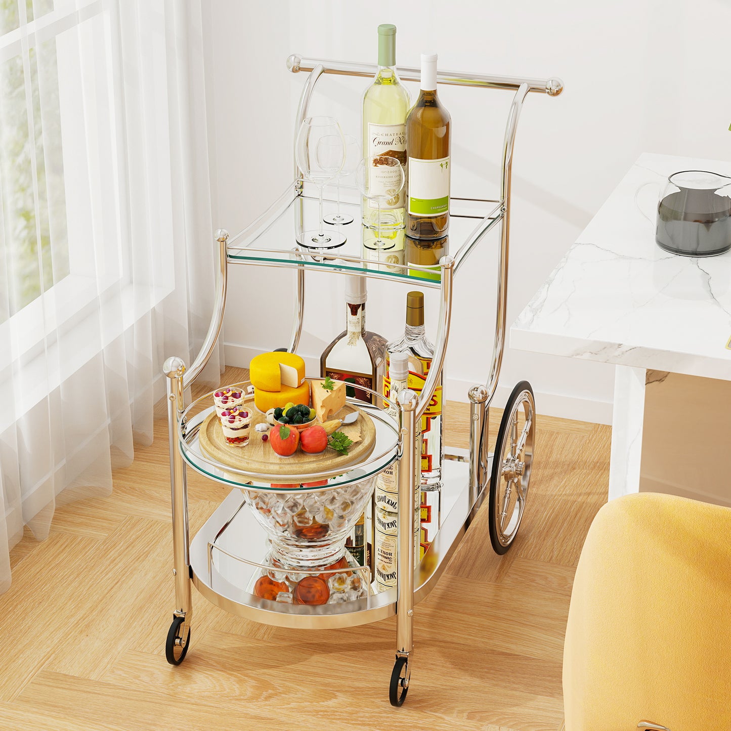 Elegant Bar Cart with Mirrored Glass Shelves Three Tier Rolling Serving Cart - Silver