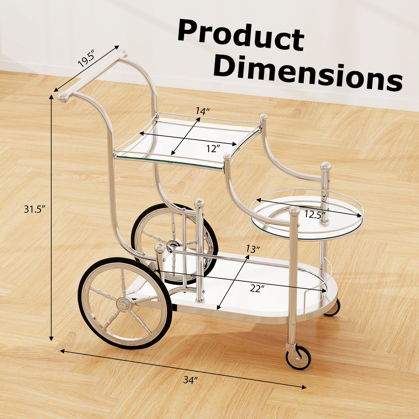 Elegant Bar Cart with Mirrored Glass Shelves Three Tier Rolling Serving Cart - Silver