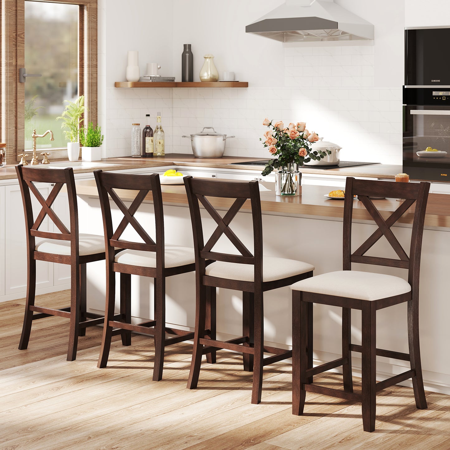 Modern Farmhouse Counter Height Stools with Cushioned Seat and Footrest Set of 2