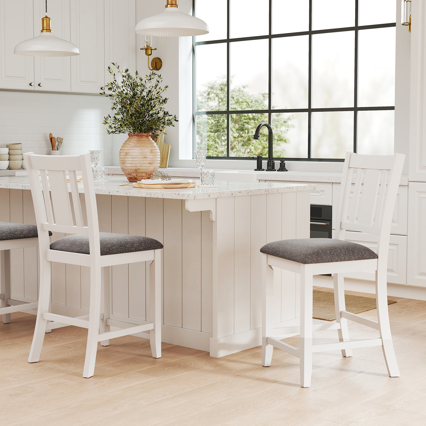 Pair of White Rubber Wood Bar Stools with Ergonomic Backrest and Linen Cushions