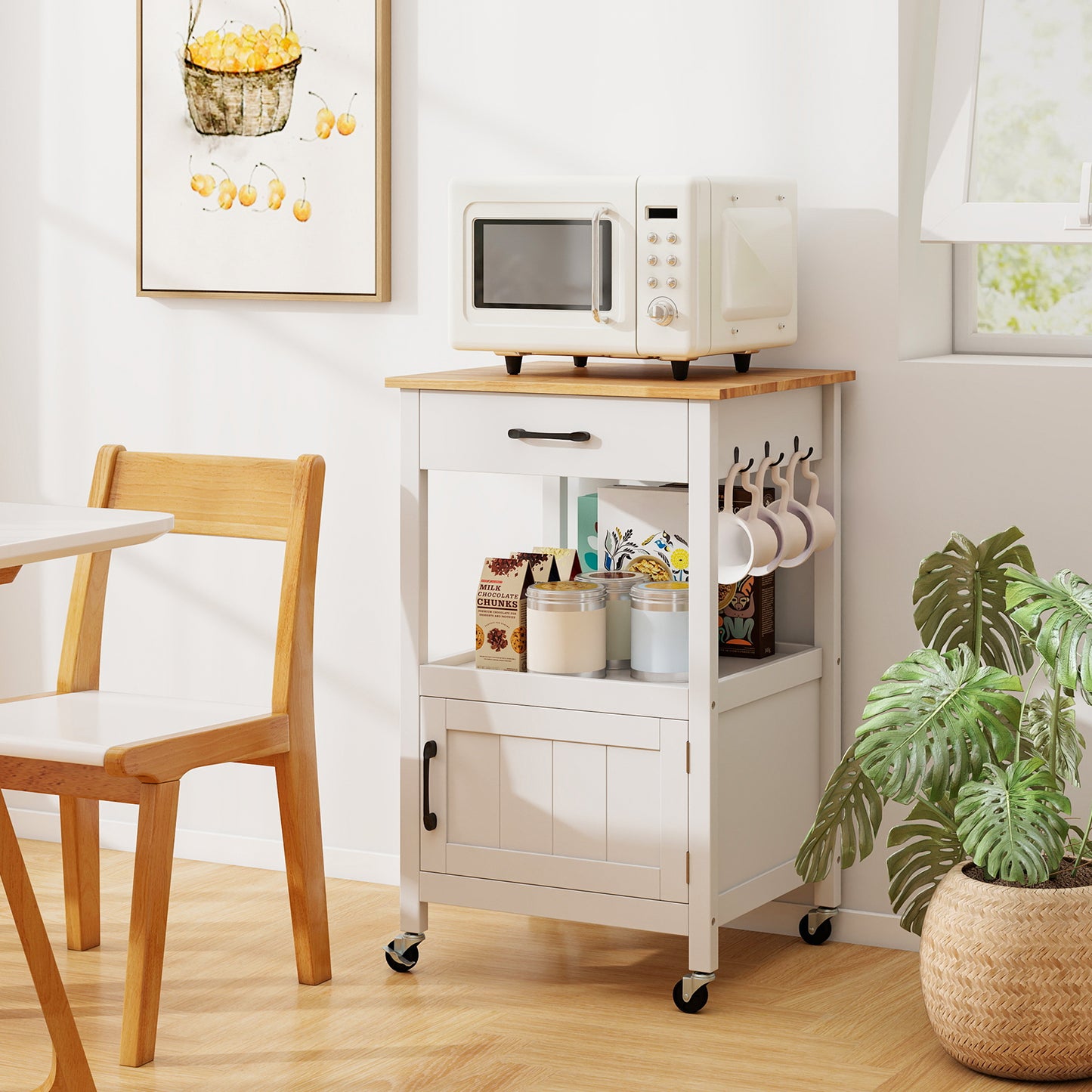 Mobile Kitchen Island Cart with Storage Drawer and Convenient Side Hooks - White