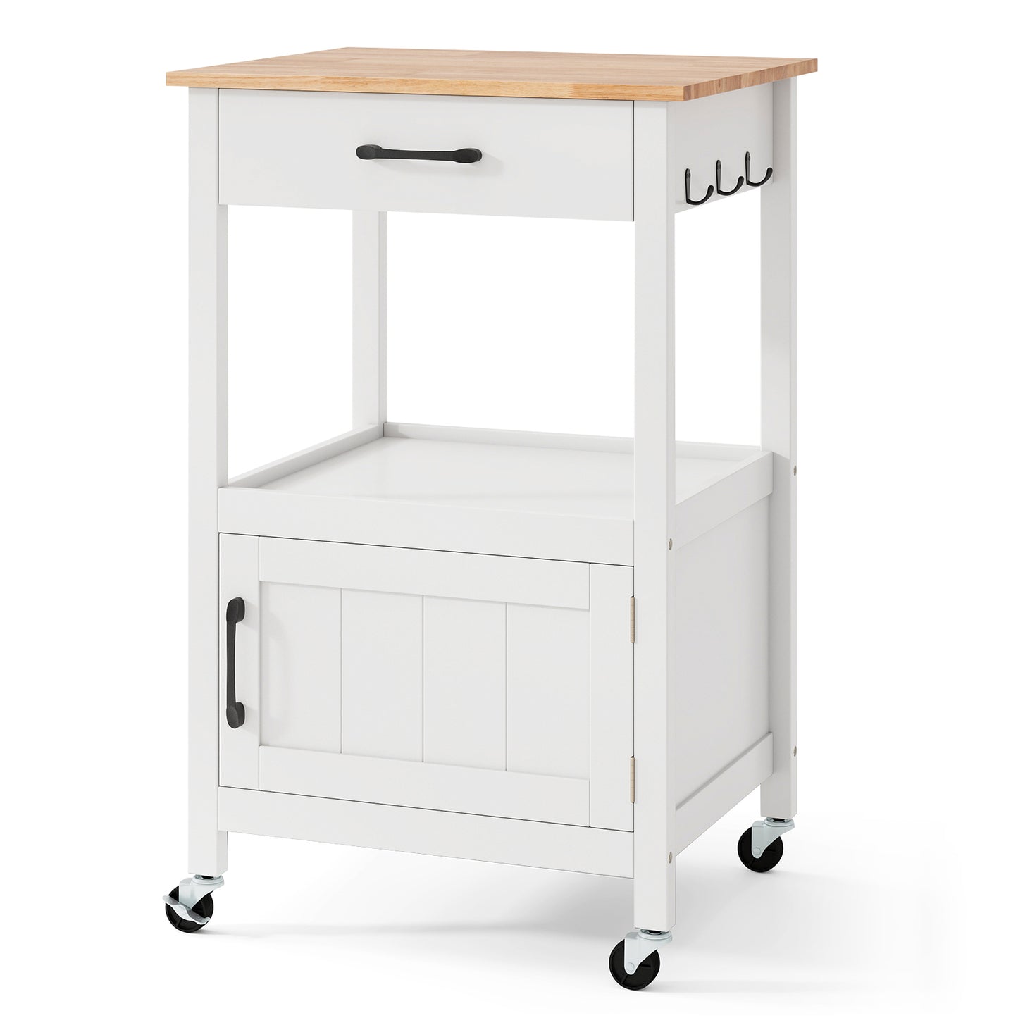 Mobile Kitchen Island Cart with Storage Drawer and Convenient Side Hooks - White