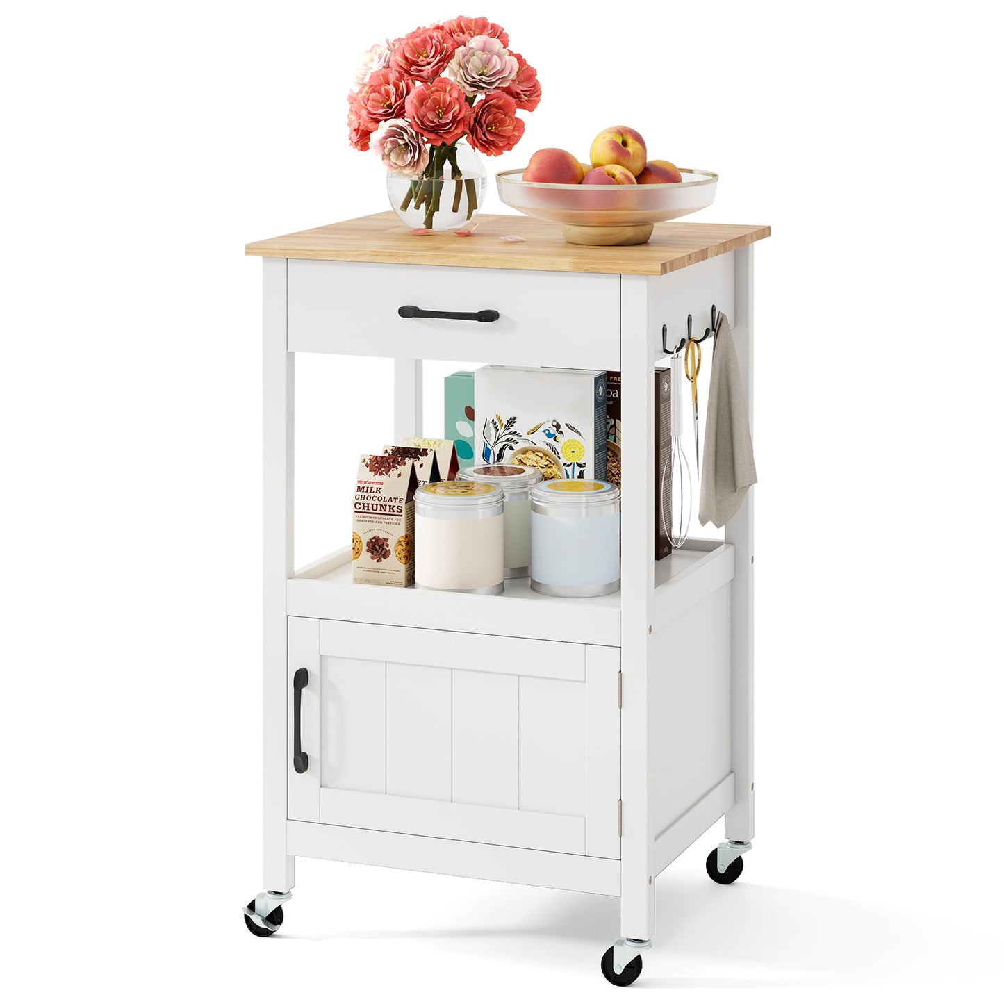 Mobile Kitchen Island Cart with Storage Drawer and Convenient Side Hooks - White