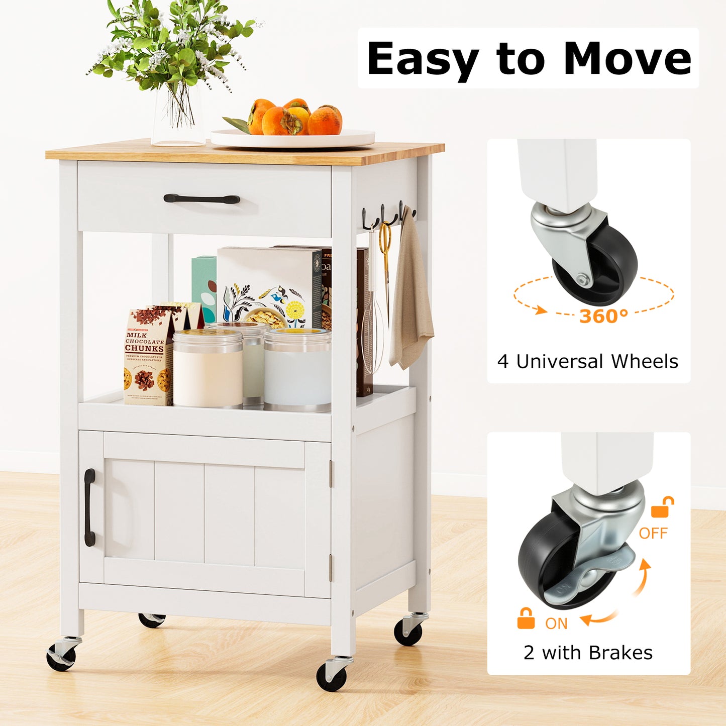 Mobile Kitchen Island Cart with Storage Drawer and Convenient Side Hooks - White