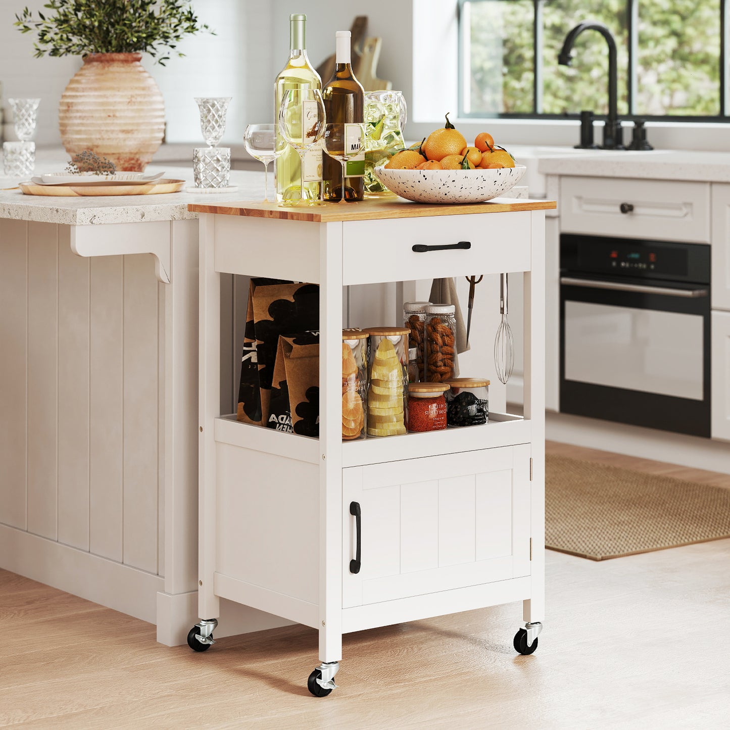 Mobile Kitchen Island Cart with Storage Drawer and Convenient Side Hooks - White