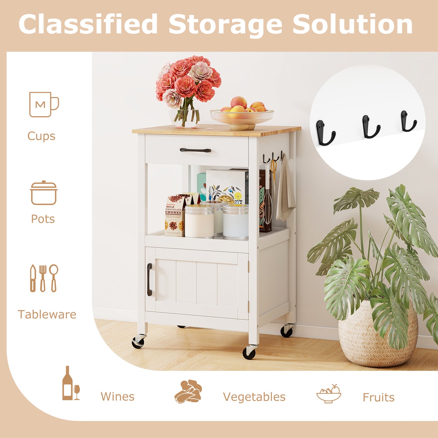 Mobile Kitchen Island Cart with Storage Drawer and Convenient Side Hooks - White