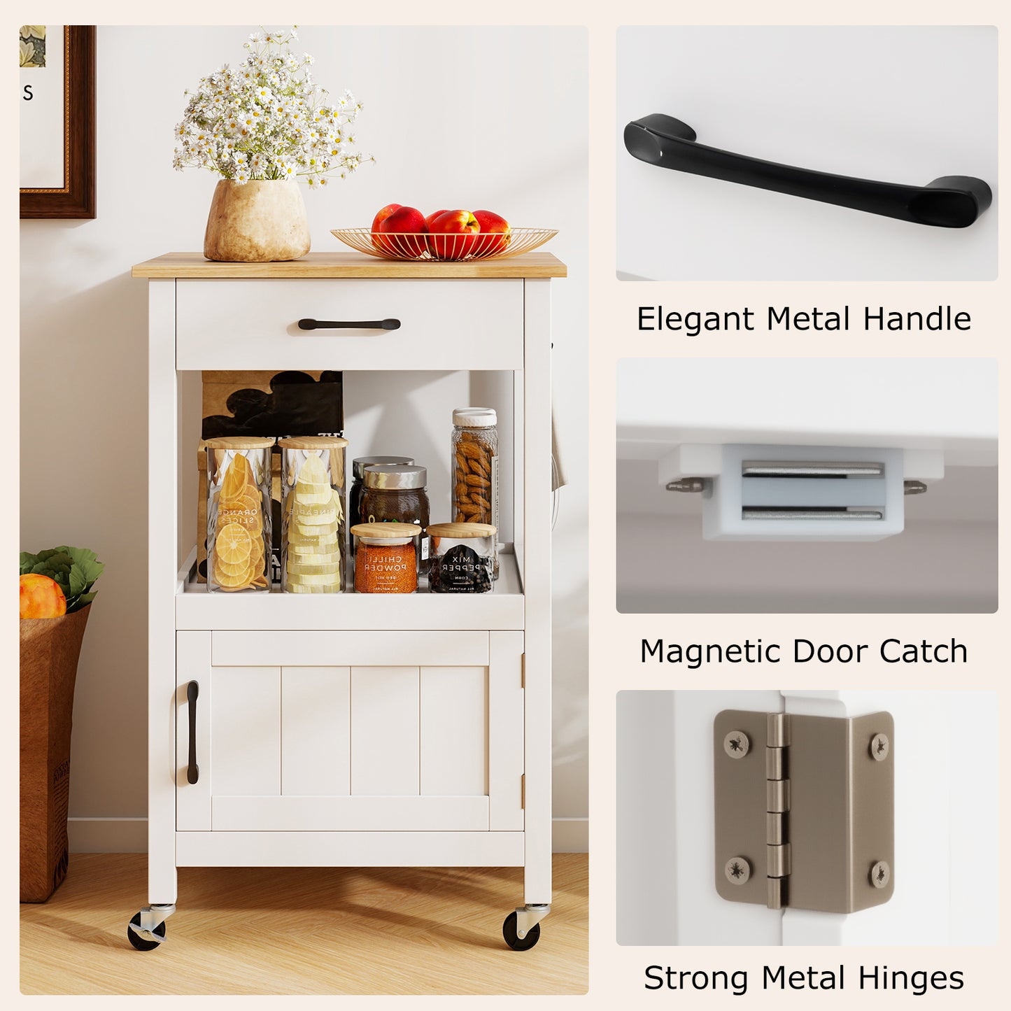 Mobile Kitchen Island Cart with Storage Drawer and Convenient Side Hooks - White