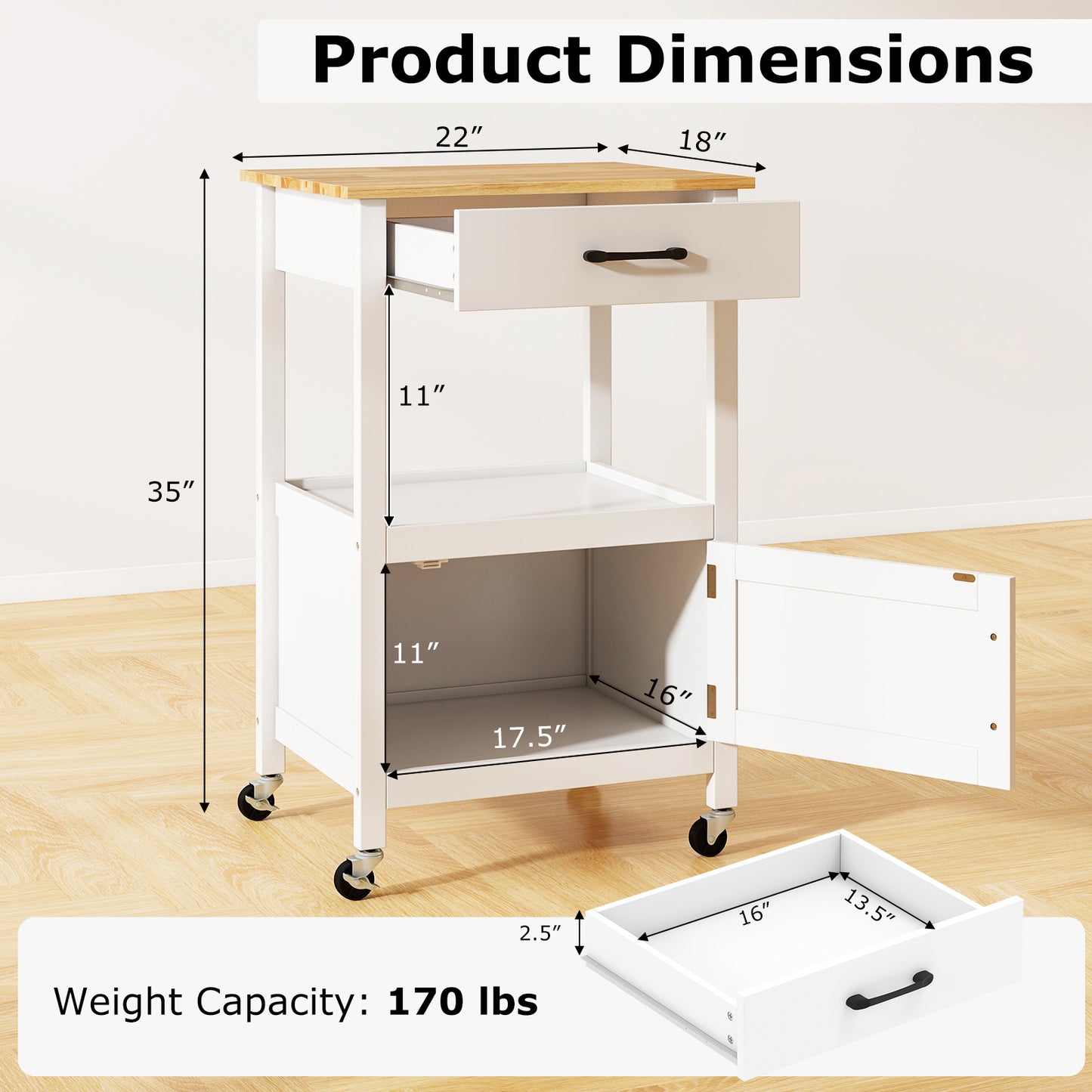 Mobile Kitchen Island Cart with Storage Drawer and Convenient Side Hooks - White