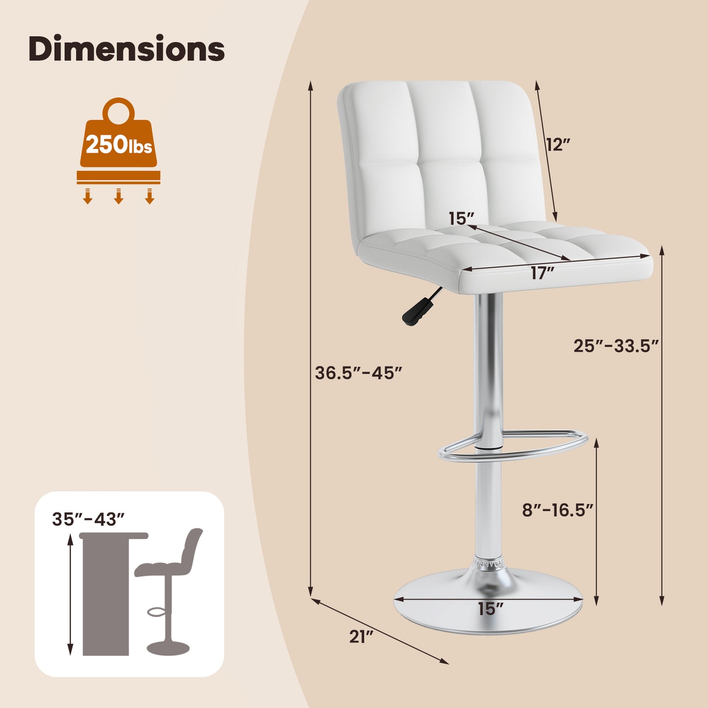 Set of 2 Modern PU Leather Bar Stools with Adjustable Height, Swivel Seat, Backrest and Footrest - White