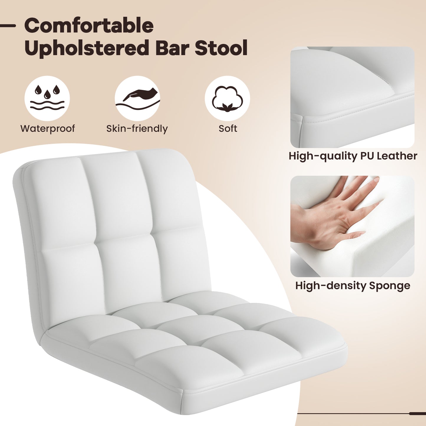 Set of 2 Modern PU Leather Bar Stools with Adjustable Height, Swivel Seat, Backrest and Footrest - White