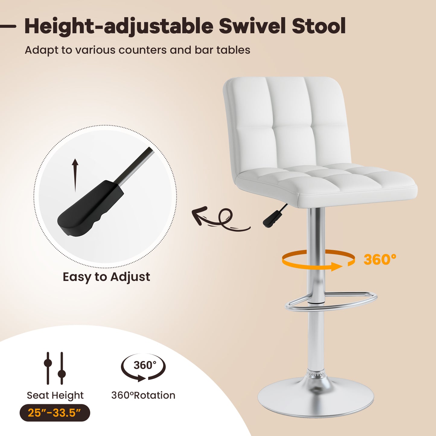 Set of 2 Modern PU Leather Bar Stools with Adjustable Height, Swivel Seat, Backrest and Footrest - White