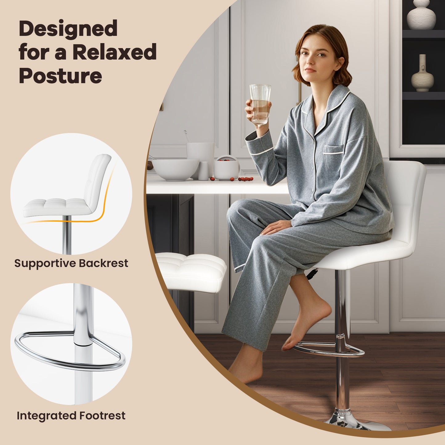 Set of 2 Modern PU Leather Bar Stools with Adjustable Height, Swivel Seat, Backrest and Footrest - White