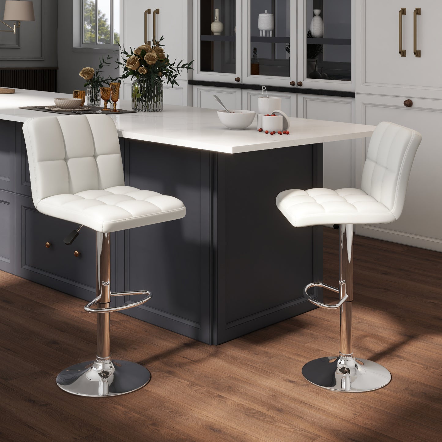 Set of 2 Modern PU Leather Bar Stools with Adjustable Height, Swivel Seat, Backrest and Footrest - White