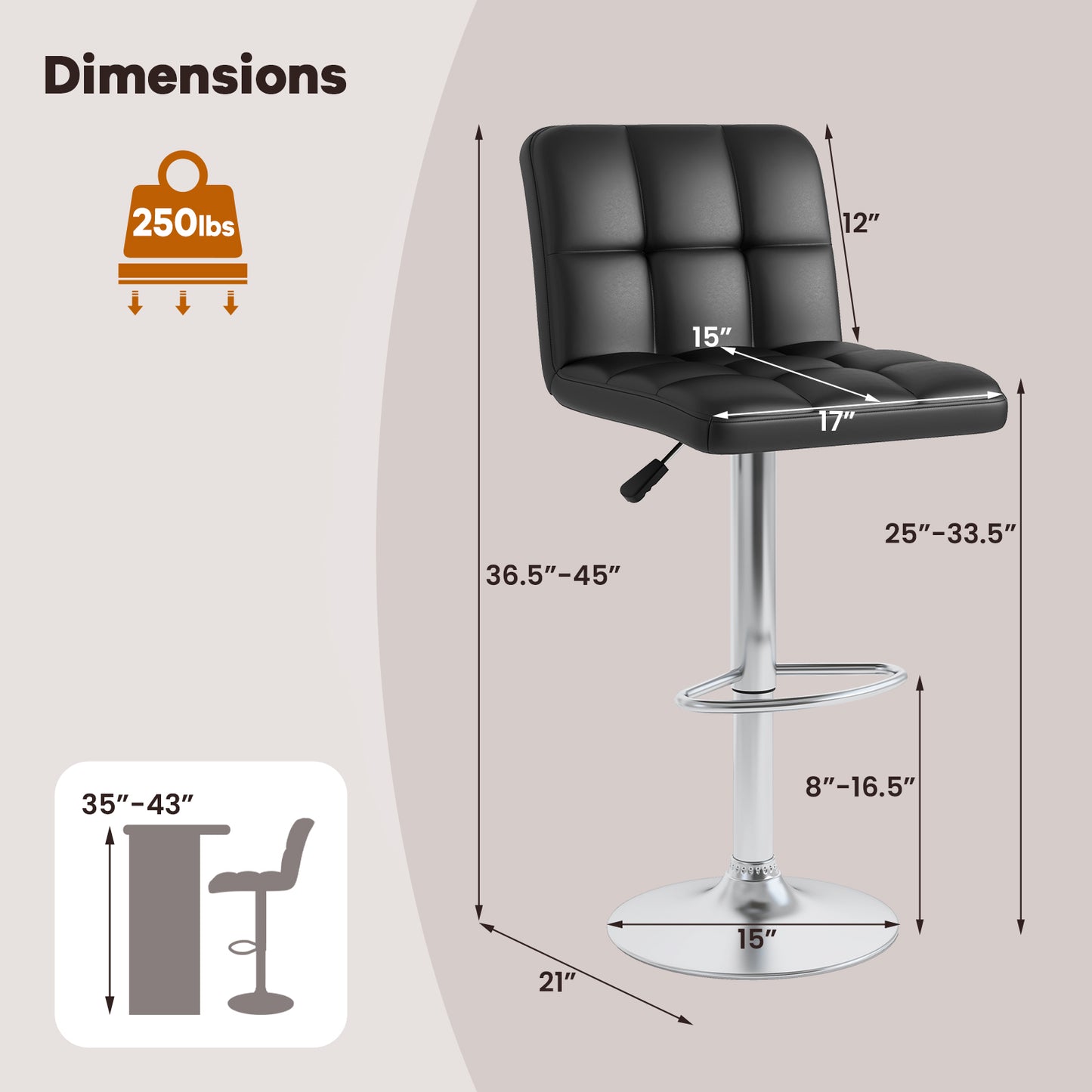 Set of 2 Modern PU Leather Bar Stools with Adjustable Height, Swivel Seat, Backrest and Footrest - Black