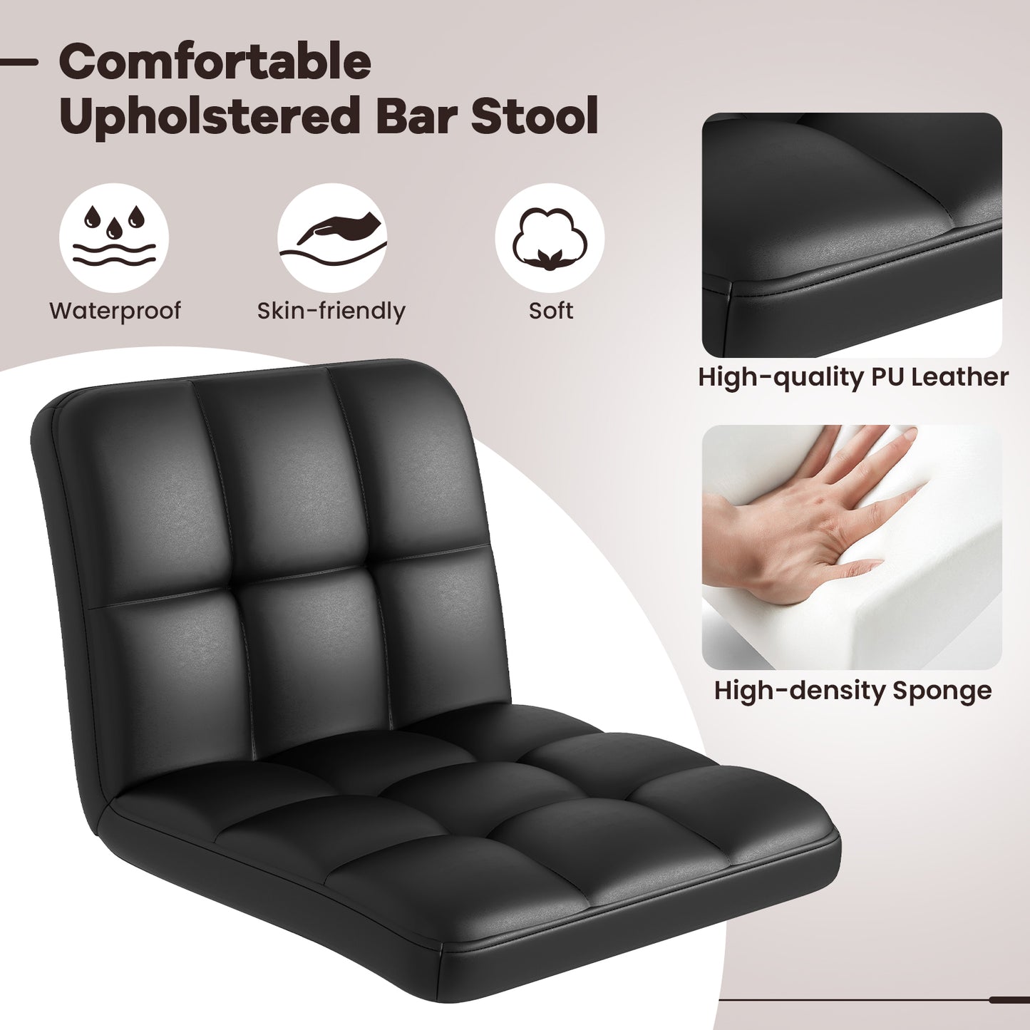 Set of 2 Modern PU Leather Bar Stools with Adjustable Height, Swivel Seat, Backrest and Footrest - Black