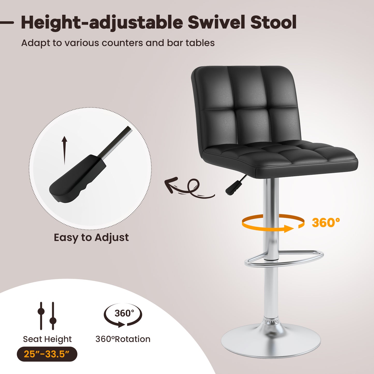 Set of 2 Modern PU Leather Bar Stools with Adjustable Height, Swivel Seat, Backrest and Footrest - Black
