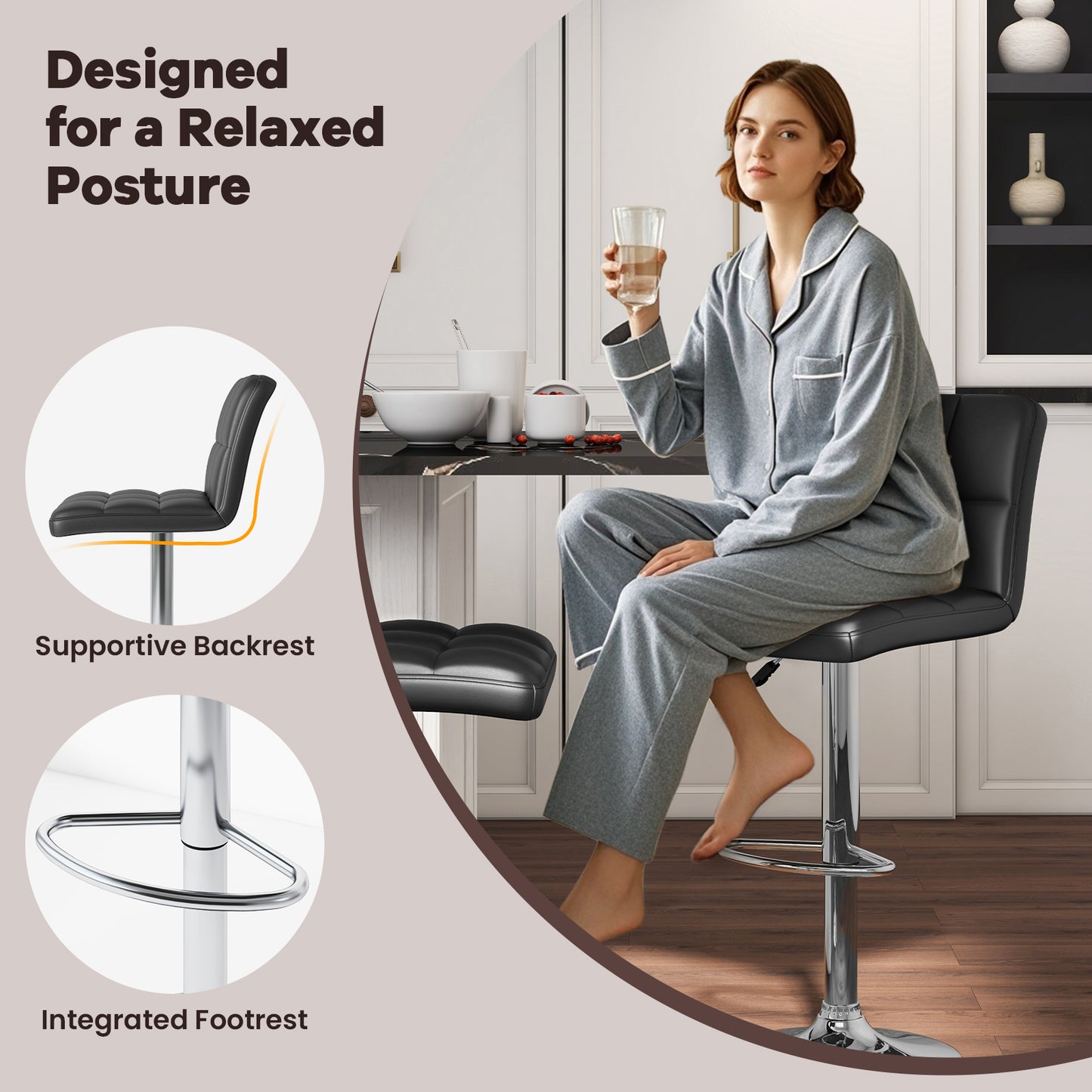Set of 2 Modern PU Leather Bar Stools with Adjustable Height, Swivel Seat, Backrest and Footrest - Black