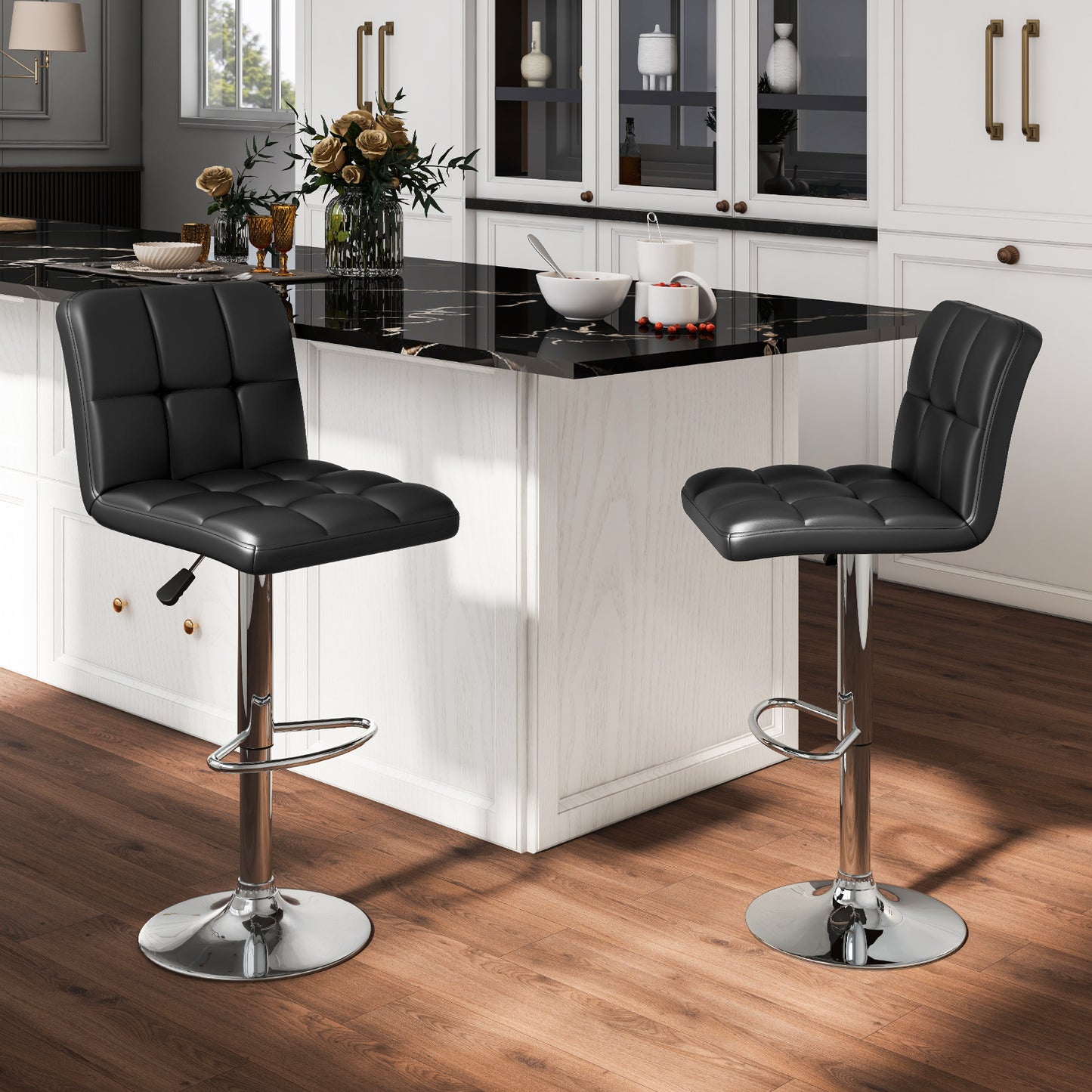 Set of 2 Modern PU Leather Bar Stools with Adjustable Height, Swivel Seat, Backrest and Footrest - Black